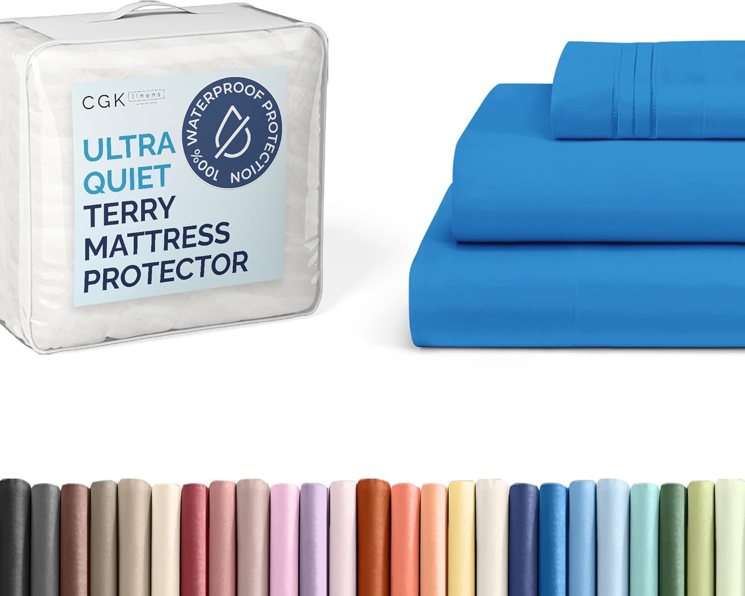 CGK Unlimited Twin XL Size 3 Piece Denim Blue Sheet Set + Twin XL Size Terry Mattress Protector