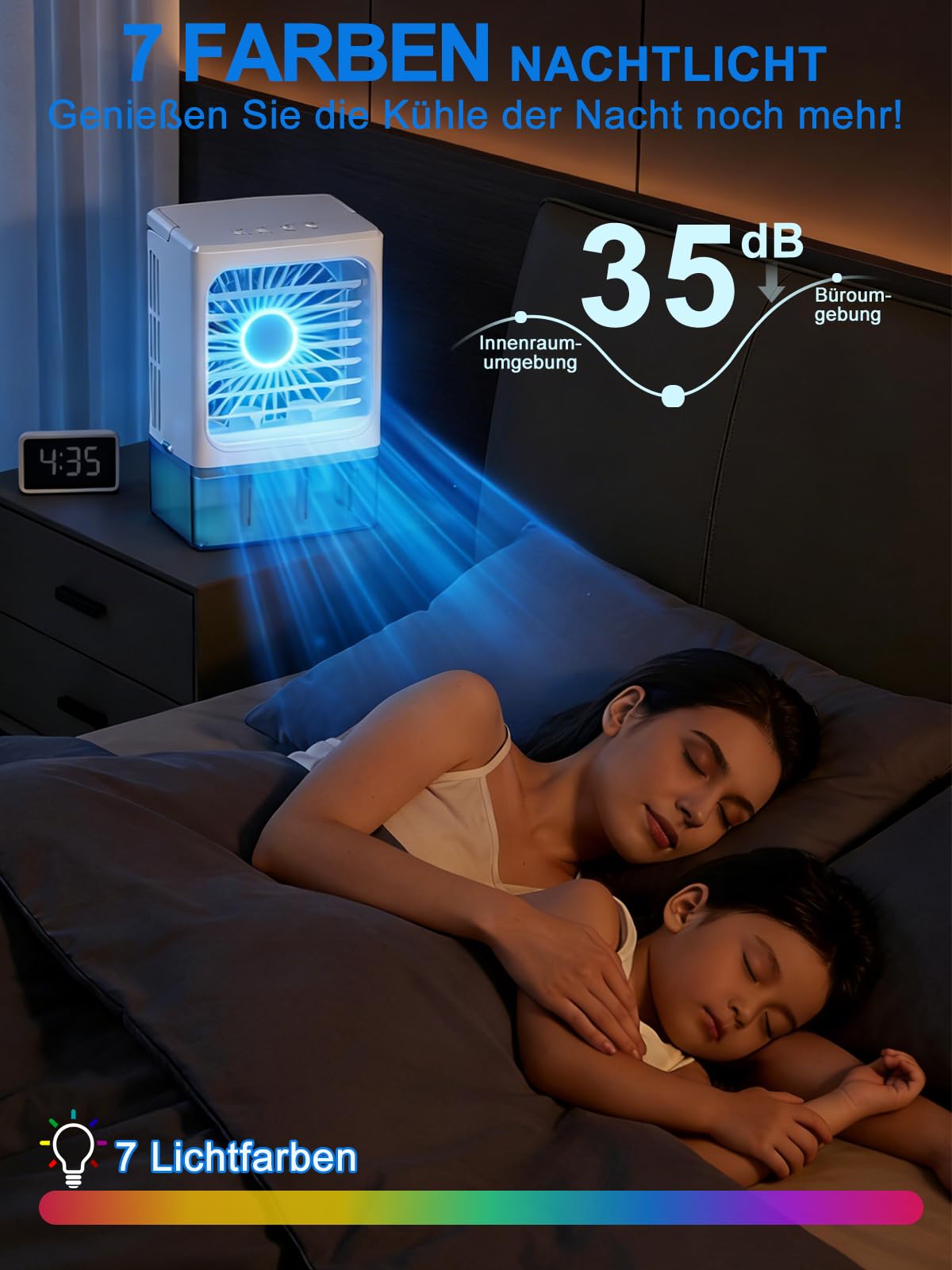 Mini Klimaanlage Ventilator 4-in-1, Lüfter, Luftkühler mit Befeuchter & LED Licht, 900ml Wassertank, 3 Geschwindigkeiten, 60° Verstellbar, USB 5V, Leise Mobiler Air Cooler für Büro Schlafzimmer Auto