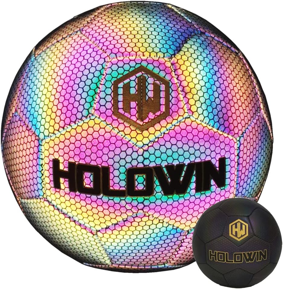 HW HOLOWIN Holographic Luminous Soccer Ball for Night Games & Training, Glowing in The Dark Light Up Reflective with Camera Flash Reflects Light Gifts, & Men (Size 5, Black)