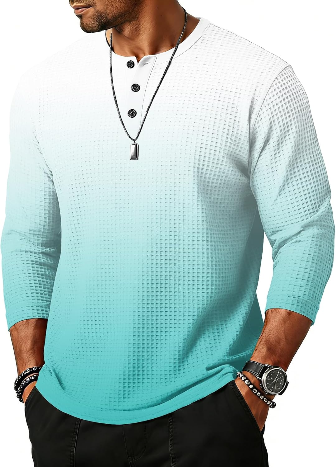 WENKOMG1 Men's Three Quarter Sleeve Gradient Color Print Jersey Baseball Henley Tee Shirt, S-2XL
