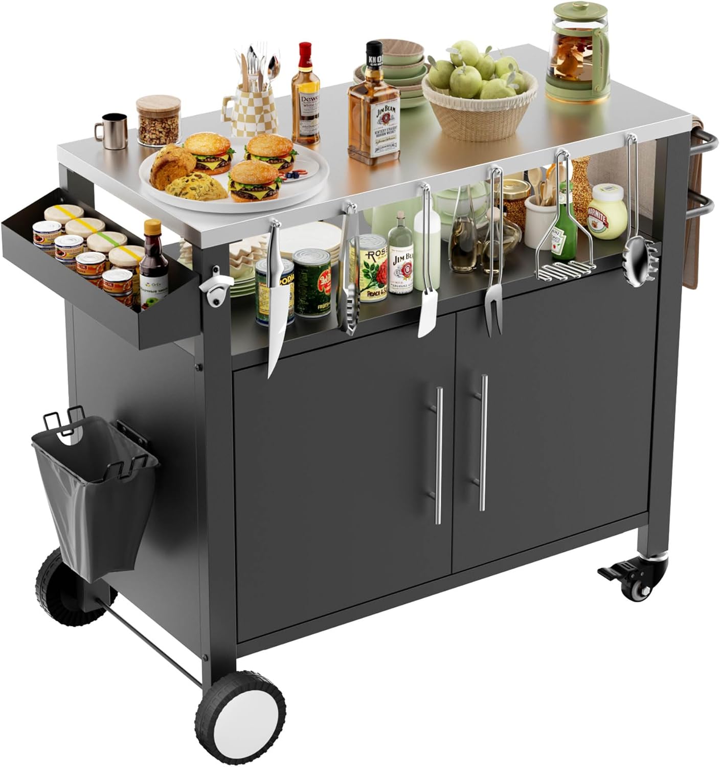 48" Outdoor Grill Cart with Wheels - Stainless Steel BBQ Prep Table with Storage Cabinet, Spice Rack & Hooks, Heavy-Duty Patio Kitchen Cart for Grilling Accessories, Black (Two Doors)