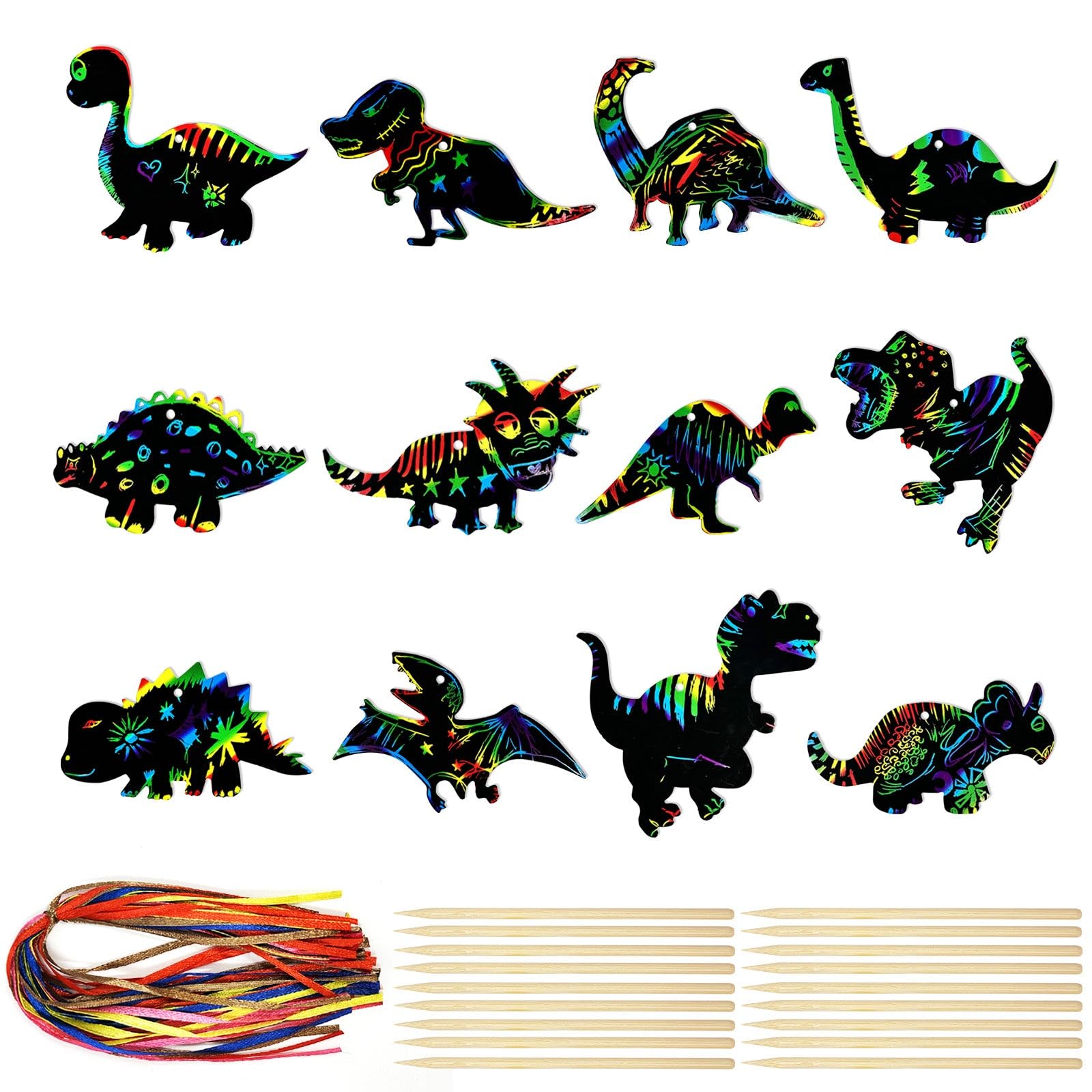 allydrew 36pc Rainbow Scratch Arts Ornaments, DIY Magic Scratch Arts and Crafts, Dinosaurs