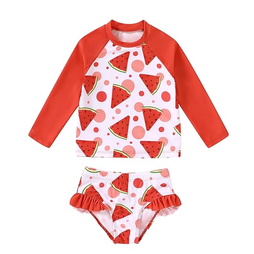 Roupa de banho infantil para meninas, manga comprida, gola redonda, 2 peças, FPS 50+, proteção solar 4-8T