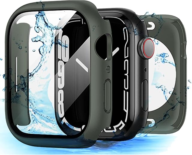2 in 1 Waterproof Case for Apple Watch 7 Case Built-in Screen Protector, Full Wrap Protection Bumper Cover with 9H Hardness Tempered Glass Screen Protector for iWatch Series 7 8 (Blackish Green, 41mm)