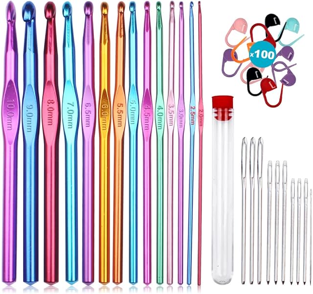 Crochet Hooks Set, Multicolor Aluminum Crochet Hooks Knitting Needles with Stitch Markers and Large-Eye Blunt Needles