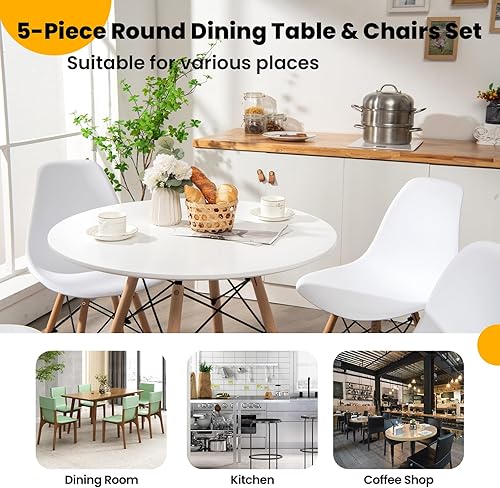 Miniatura 7 de Tangkula Juego de 4 mesas de comedor redondas y sillas de cocina con asiento ergonómico y patas de madera maciza, juego de comedor moderno de 5