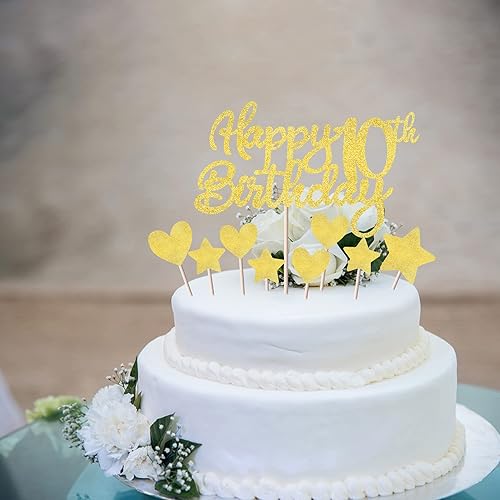 Miniatura 2 de Paquete de 9 decoraciones para tartas de cumpleaños número 10 con purpurina de corazón y estrella para cupcakes, saludos a los 10 años de edad,