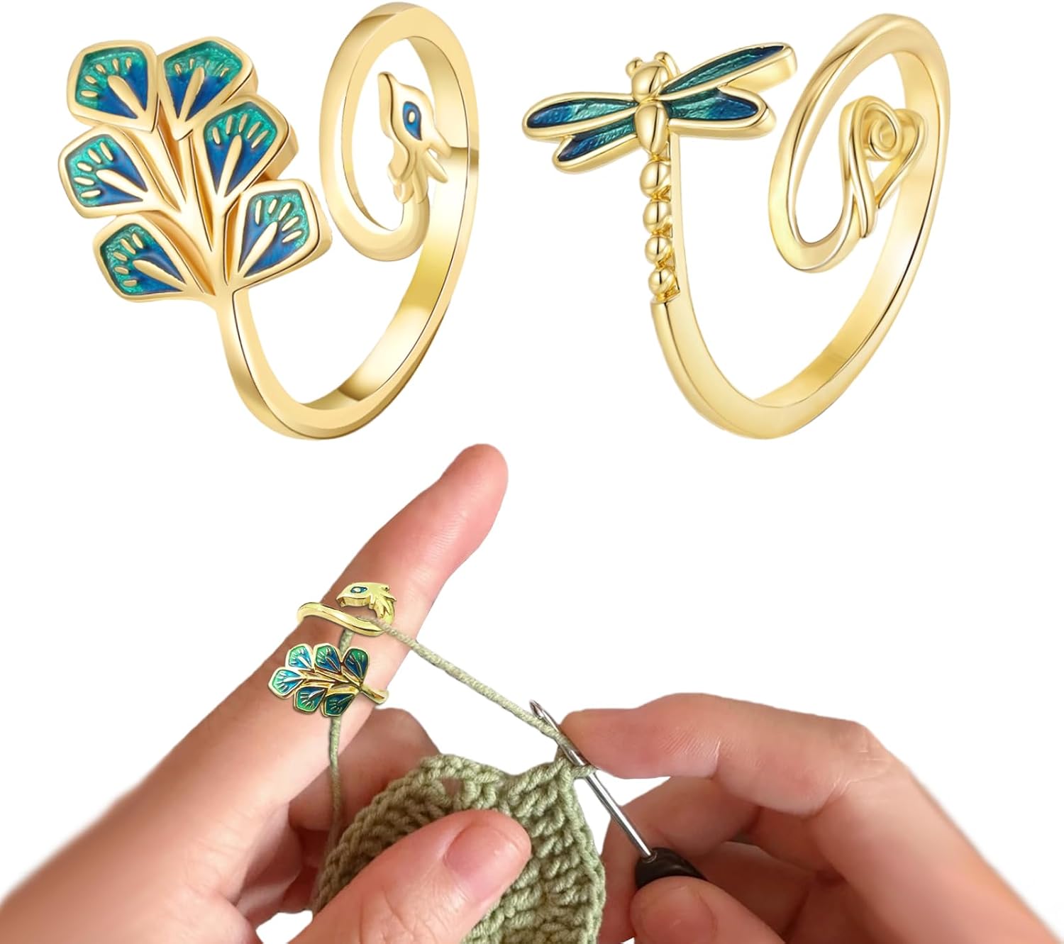 LAYASIMON 2PCS (Peacock&Dragonfly) Crochet Tension Tools-Yarn Finger Holder for Women., Adjustable Crochet Aid Thread Loop Guide Finger Holder,Yarn Finger Holder, Knitting Aid.Colorful Enamel (Gold)