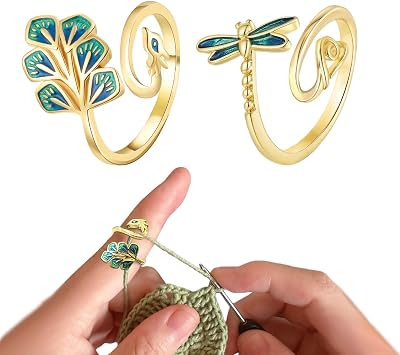 LAYASIMON 2PCS Peacock&Dragonfly Crochet Tension Tools-Yarn Finger Holder for Women., Adjustable Crochet Aid Thread Loop Guide Finger Holder,Yarn Finger Holder, Knitting Aid.Colorful Enamel Gold