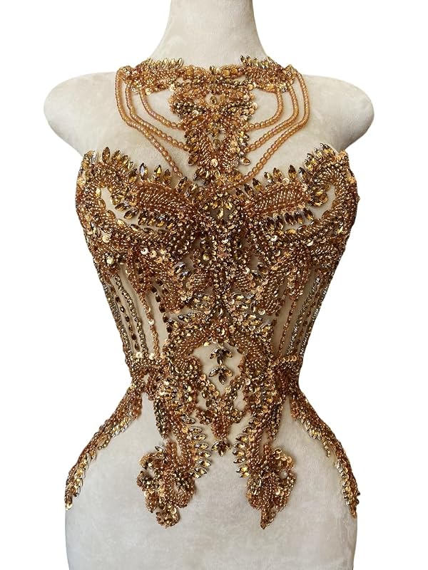 Jpumley.pksn Handmade Crystal on lace Applique Sewing Rhinestones Fringe Beads Sequins Patches Trim Luxury Decoration Accessories for Wedding Dress 15X23.6inches (Champagne) by Jpumley.pksn - Used condition - US$29.94