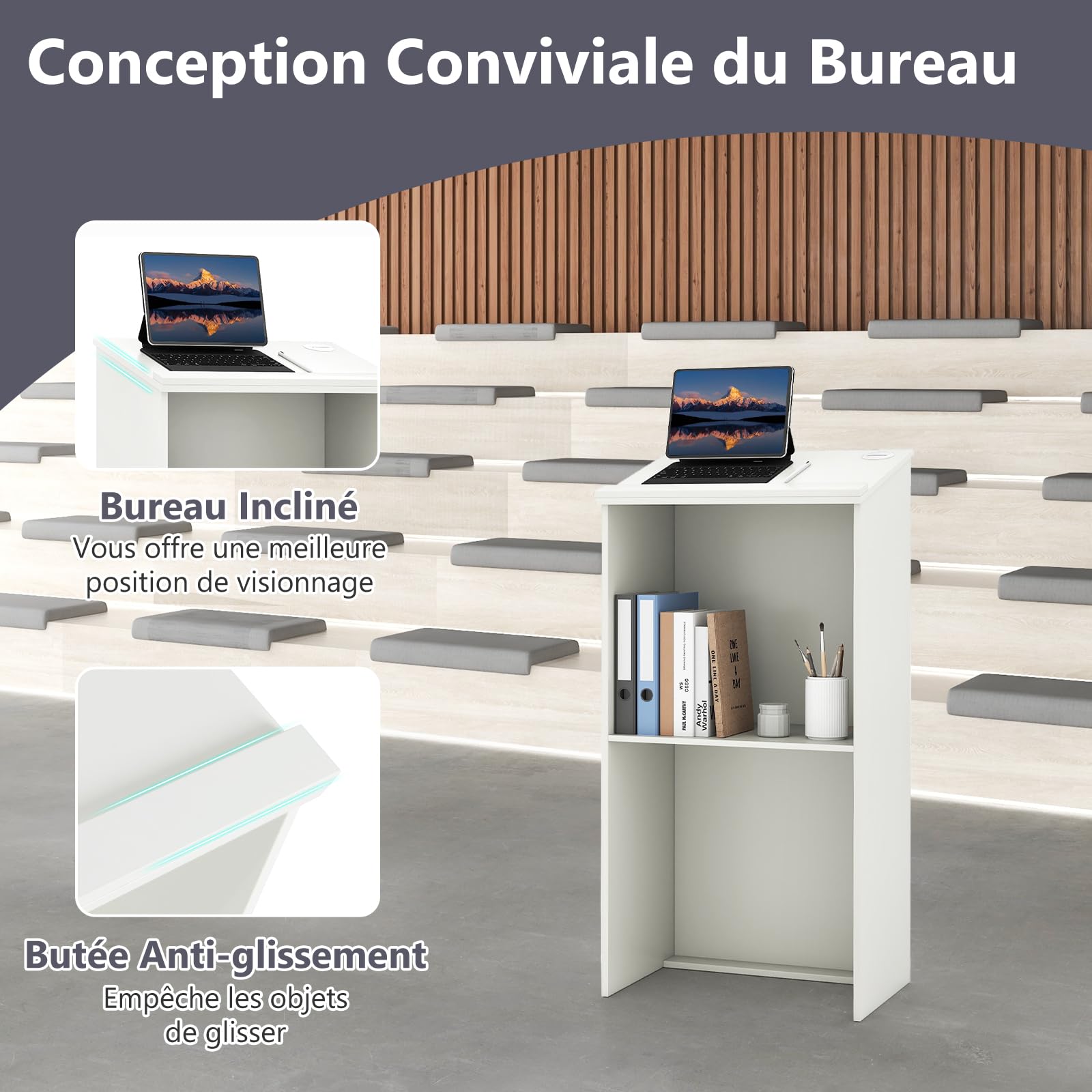 GYMAX Podium à 2 Niveaux en Bois, Pupitre de Conférence avec Étagère de Rangement & Plateau Incliné 58 x 35 cm & 2 Trous pour Câbles, pour Salle de Réunion École Église, Hauteur 116,5cm (Blanc)