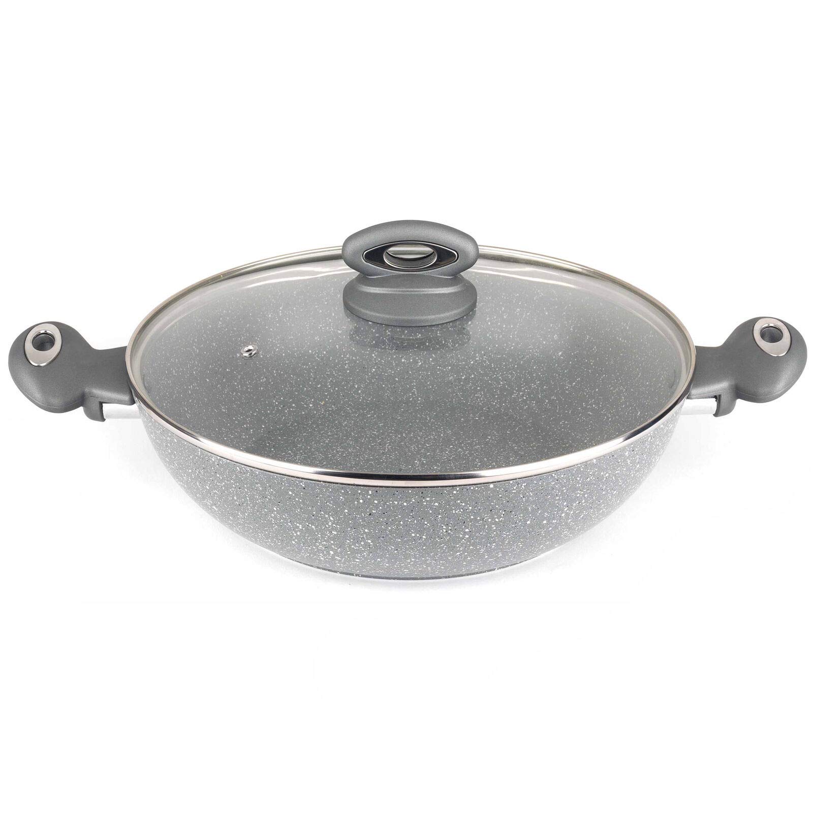 Salter BW02772G Marblestone 28cm Wok - Antiadhésif Poêle à Frire Avec Couvercle en Verre, Convient aux tables de cuisson à induction, va au lave-vaisselle, Aluminium Forgé, Cuire avec peu d'huile