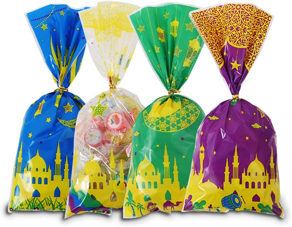 Plastic Cellophane Candy Cookie Treat Goodies Gift Bags 100pcs in 4 Muslim Colors And Castle Moon Star 4 different Patterns With Gold Twist Ties for Eid Mubarak Ramadan Muslim Islamic Eid Iftar Diwali - Image 2
