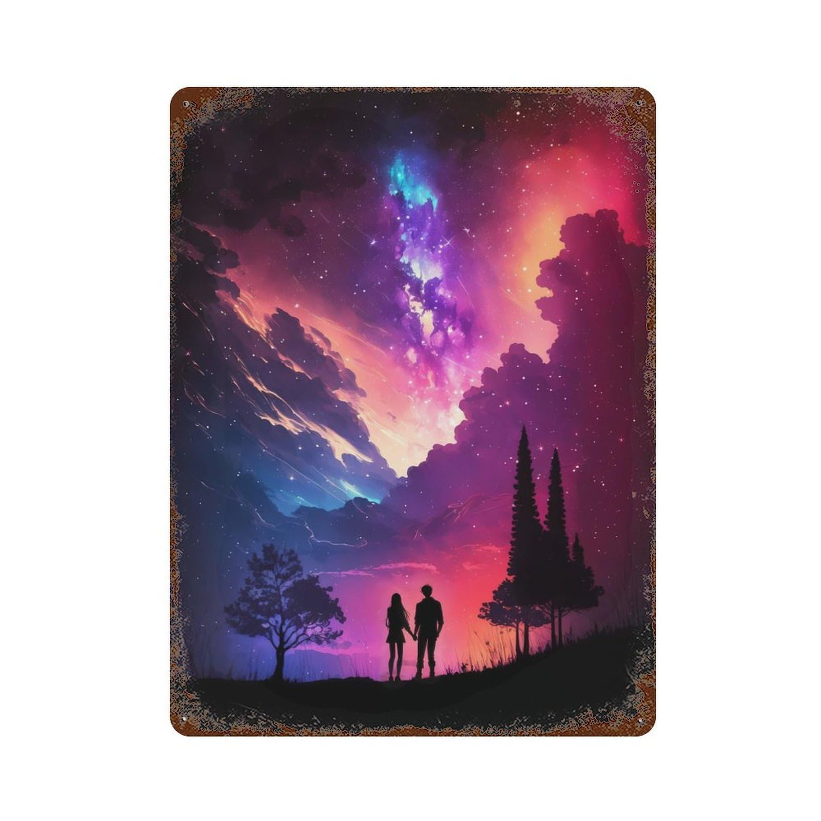 Rustic Tin Plaque with Cosmic Honeymoon Design 15.7"x11.8", for Cafe, Home Bar And Lounge Decor, Industrial Home Decor