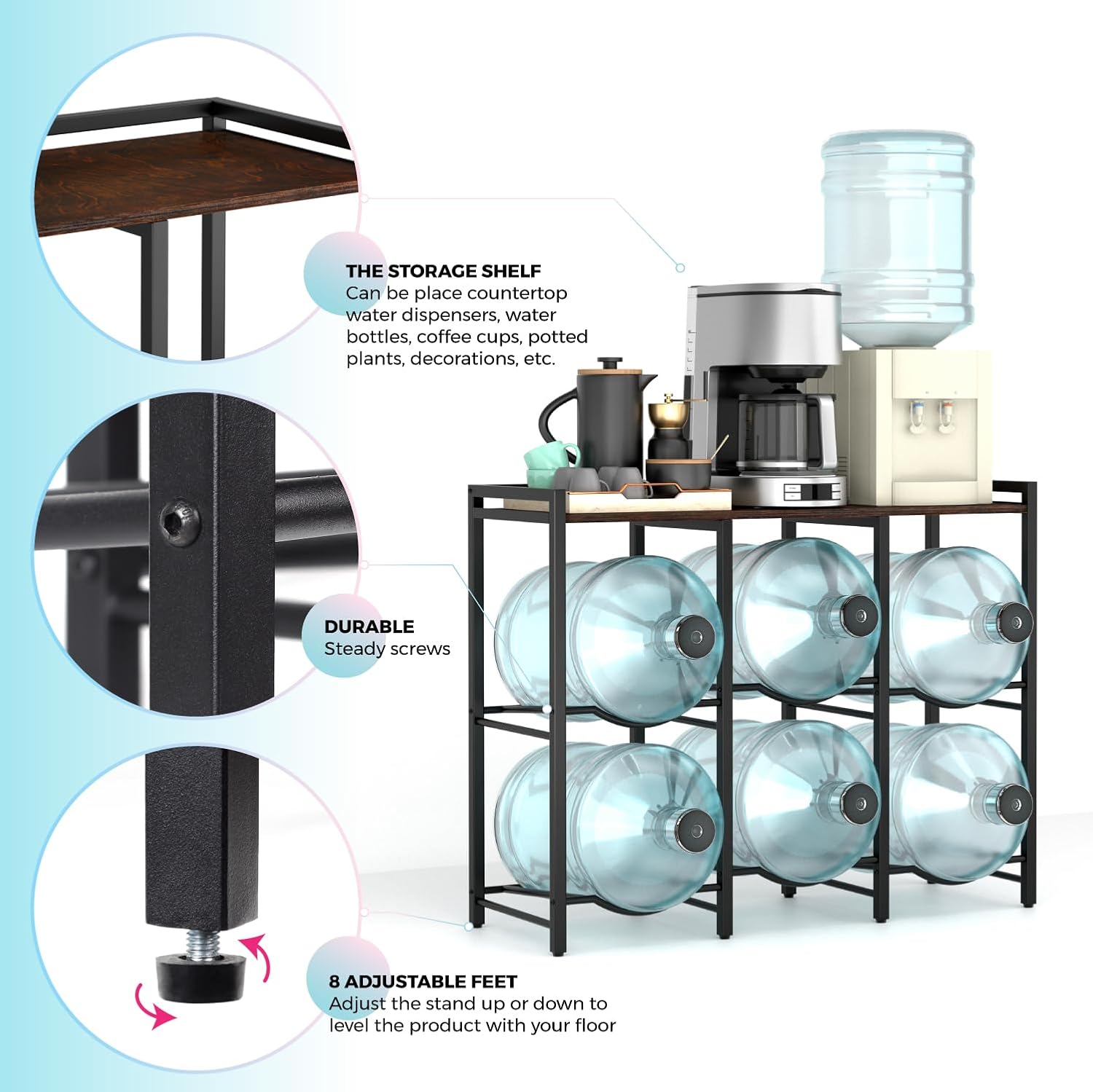 5 Gallon Water Jug Holder for 6 Bottles With Rustic Brown Wood Top Shelf - Heavy Duty Dispenser Stand for Home Kitchen/Office/Living Room