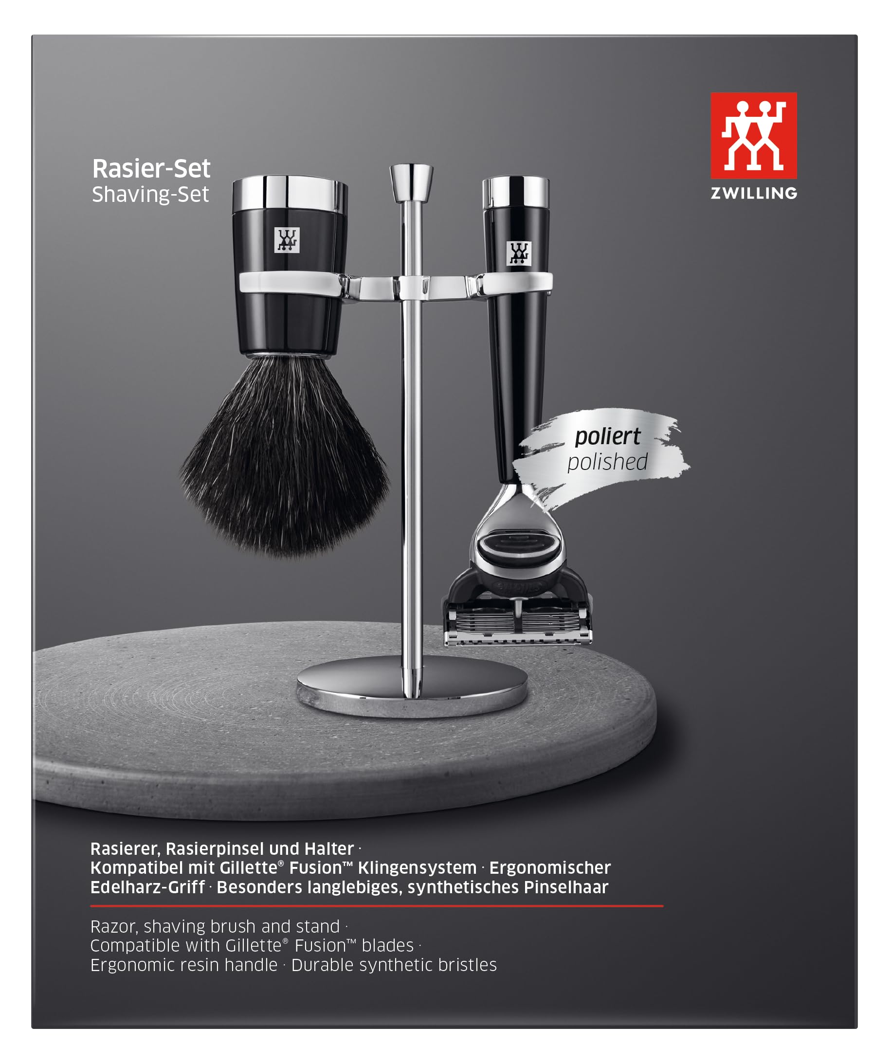 ZWILLING Set di rasoi con rasoio (3 pezzi con pennello da barba e supporto, adatto alle lame Gilette Fusion, set regalo), nero