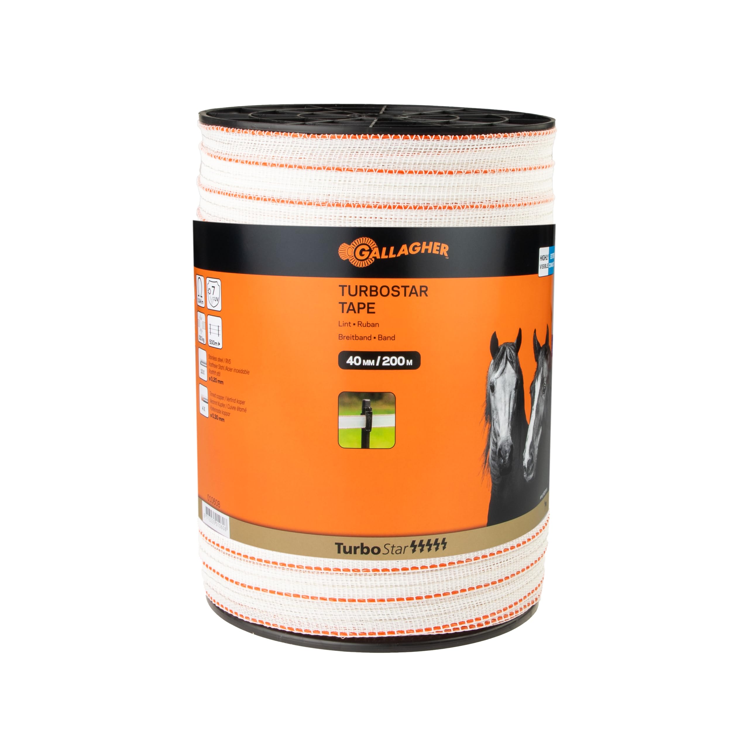 Gallagher Pferdezaun-Breitband TurboStar Super (weiß) - 200 m/40 mm - UV-stabil und witterungsbeständig - Ausgezeichnete Sichtbarkeit