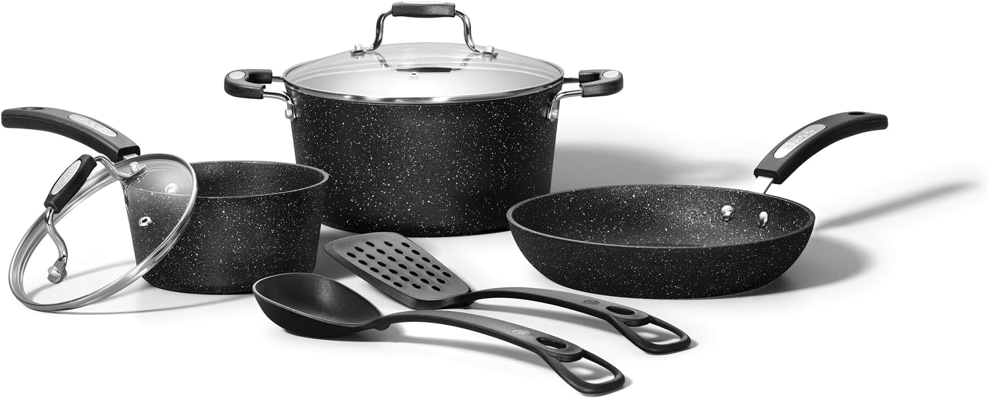 The Rock 7PC Non-Stick Cookware Set - Durable Forged Aluminum - Oven Safe - PFOA Free - Easy to Clean - Black