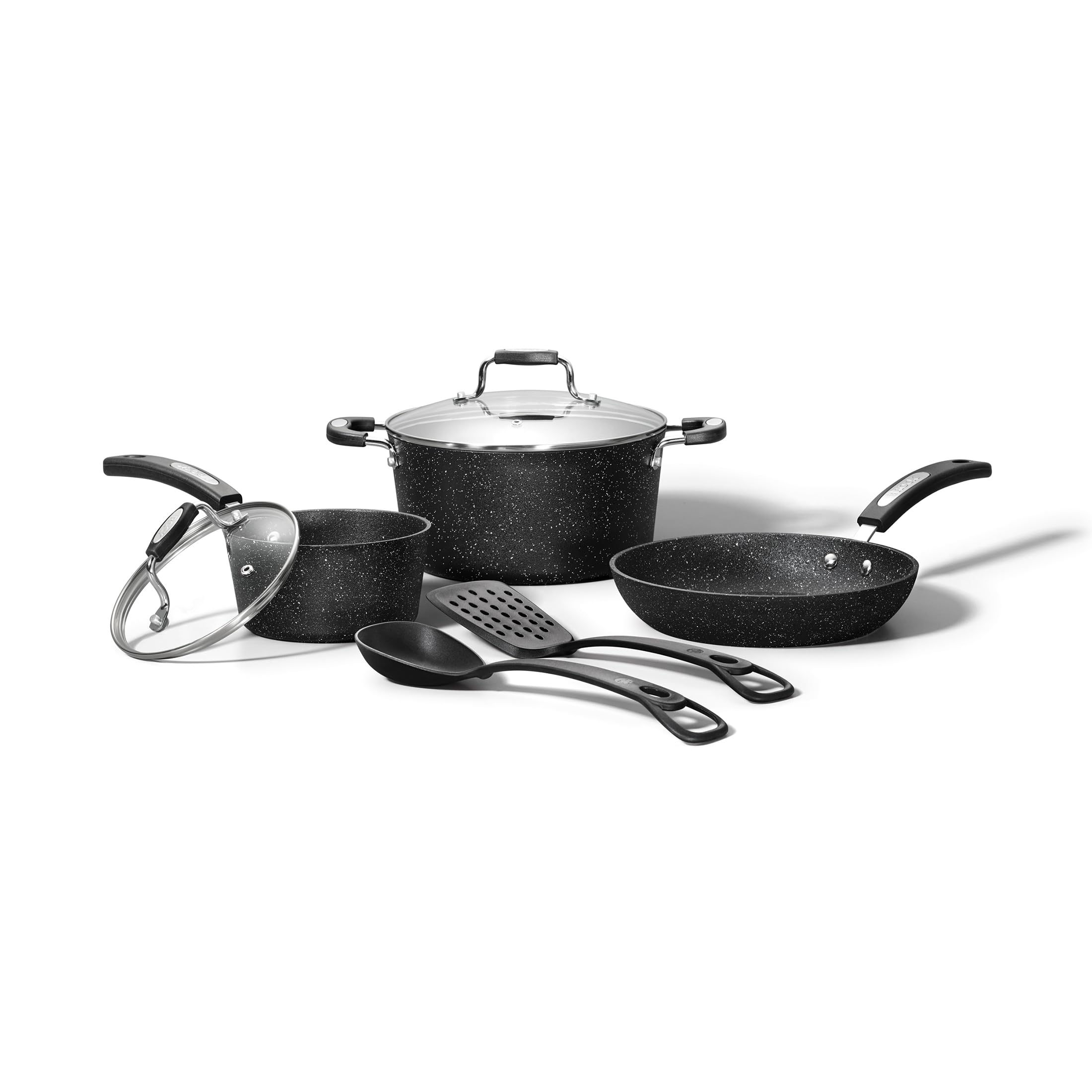Starfrit The Rock 7PC Non-Stick Cookware Set - Durable Forged Aluminum - Oven Safe - PFOA Free - Easy to Clean - Black