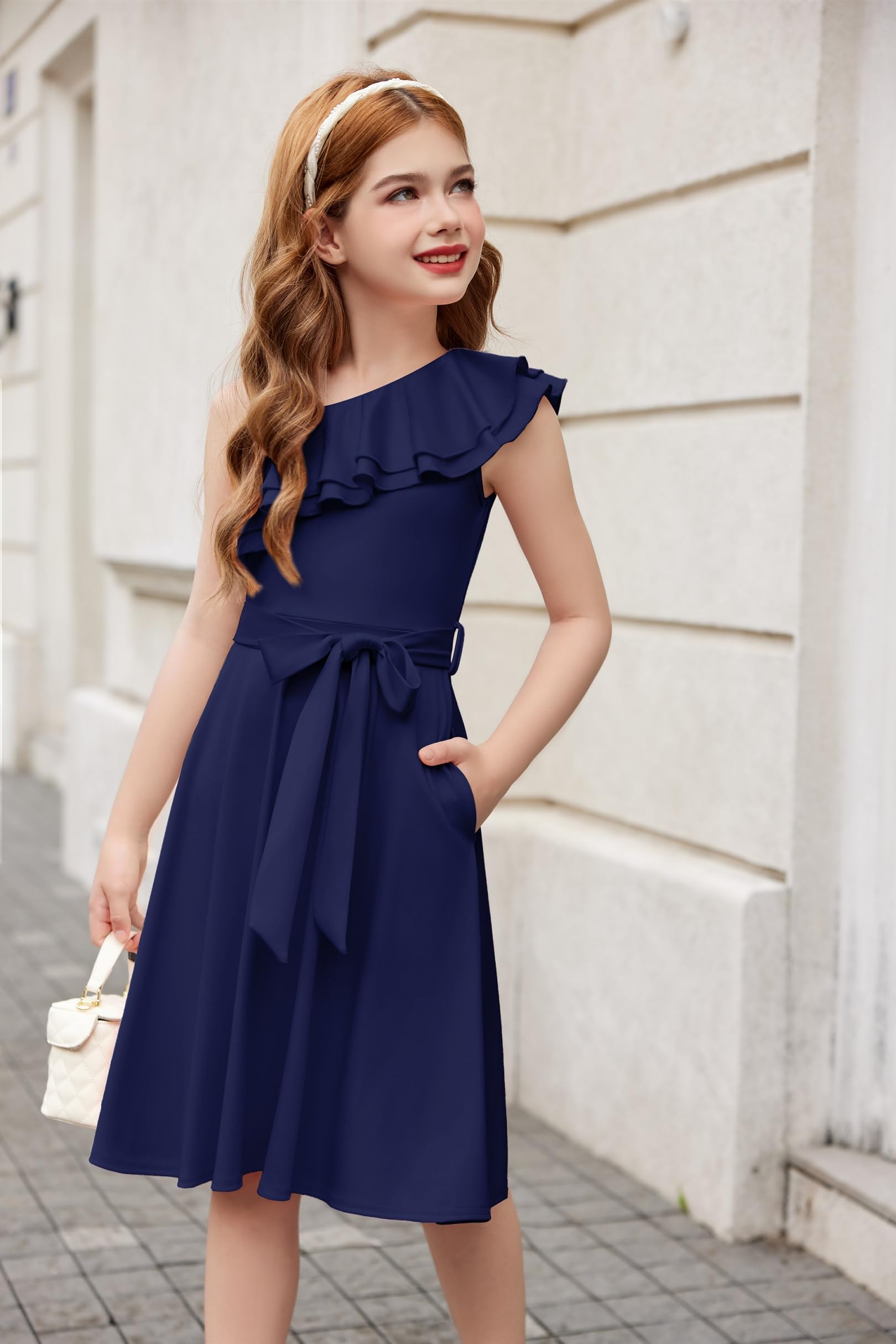 Arshiner Filles Robes Une Épaule Robes Eté Col Ruffle Robe de Fête Elégante sans Manches Robes pour Fille 5-14 Ans