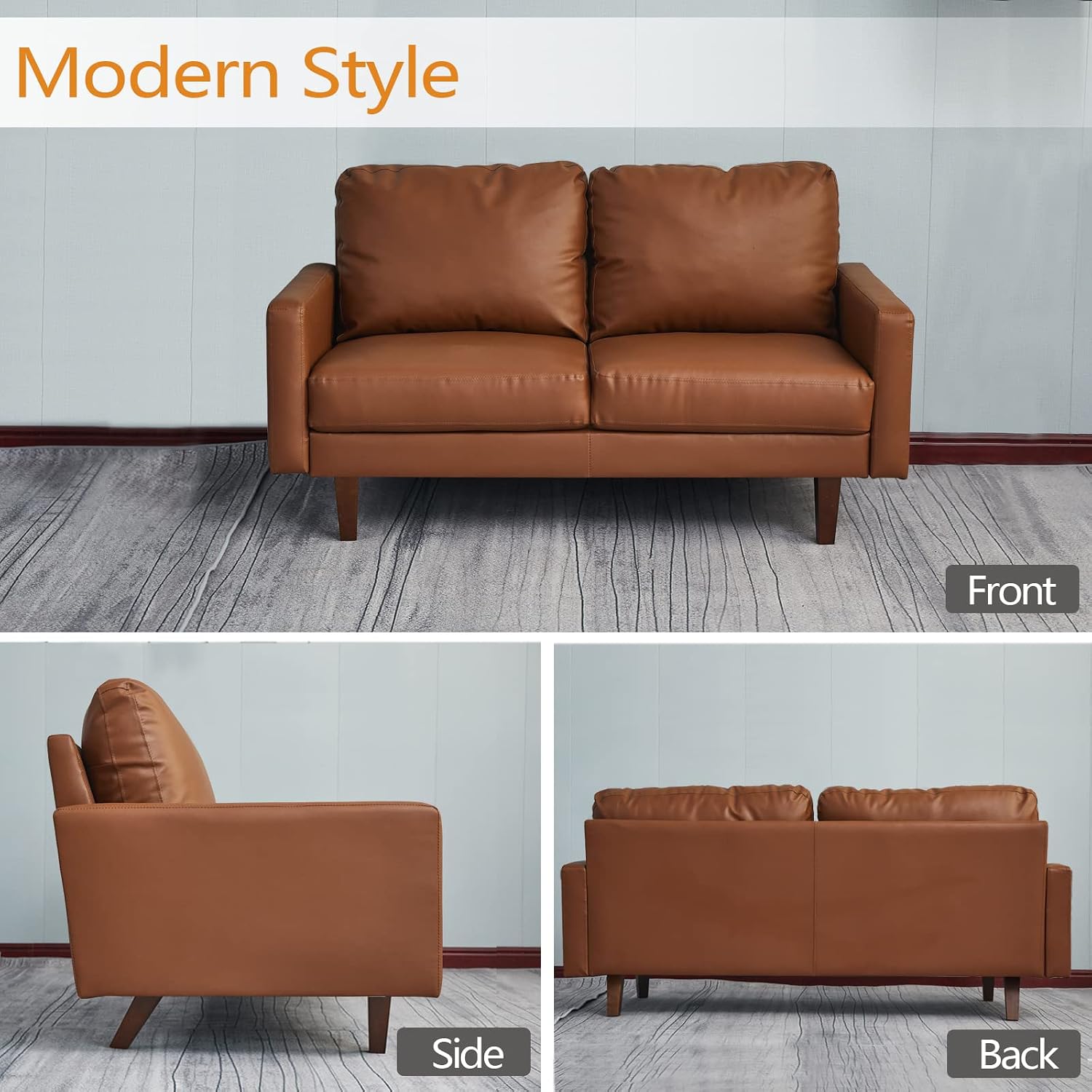 INSTORY Leather Loveseat Comfy Sofa Modern Couch with Wooden Legs for Living Room, Office - Brown