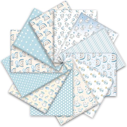 AnyDesign - Paquete de 12 piezas de tela de algodón para baby shower, elefante azul, globo aerostático, estrellas, arcoíris, impresos, bonitos