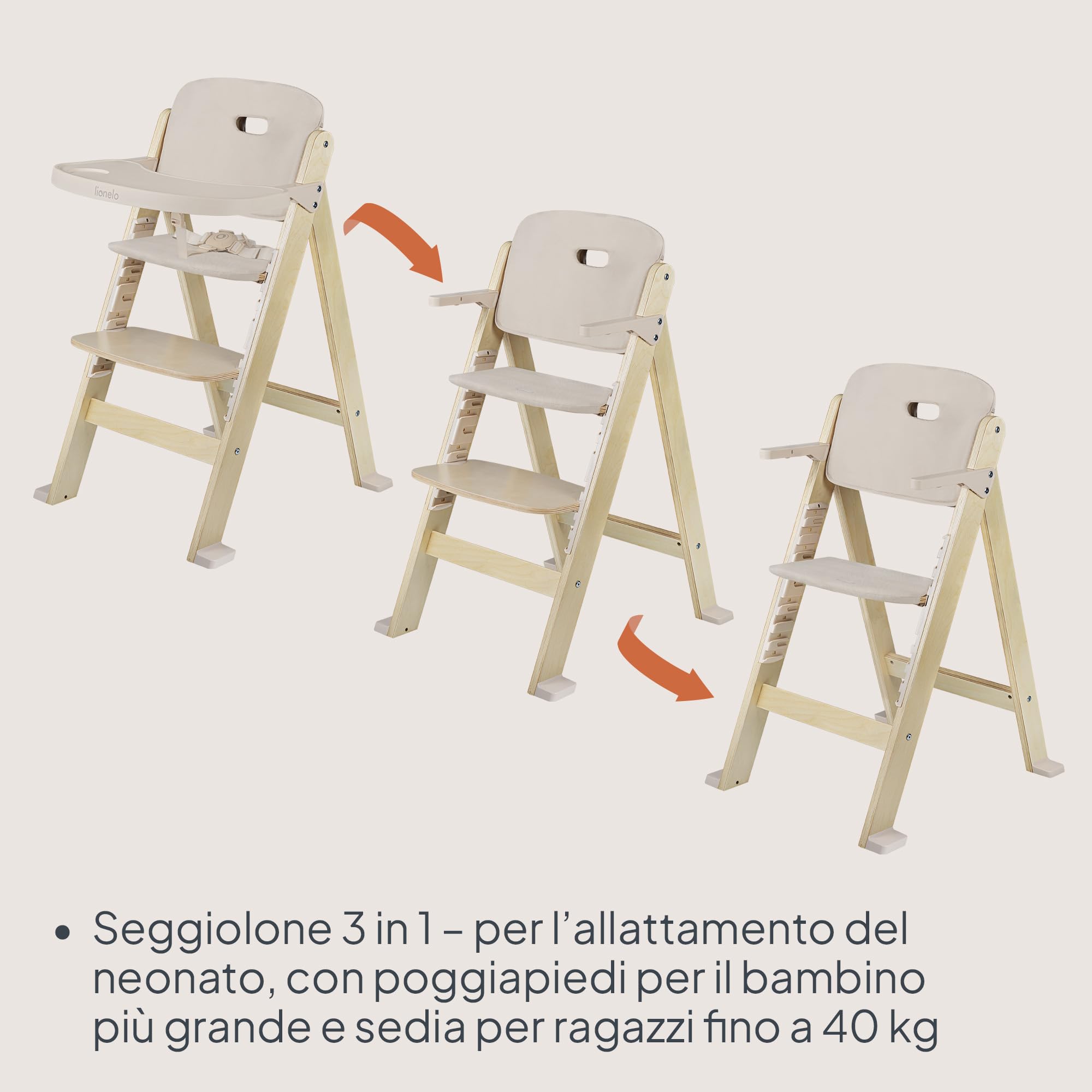 LIONELO Floris Seggiolone Pappa 3 in 1 in Legno da 6 Mesi a 40 kg | Evolutivo fino a 12 Anni, Sedile e Poggiapiedi Regolabili in Altezza, Vassoio Rimovibile