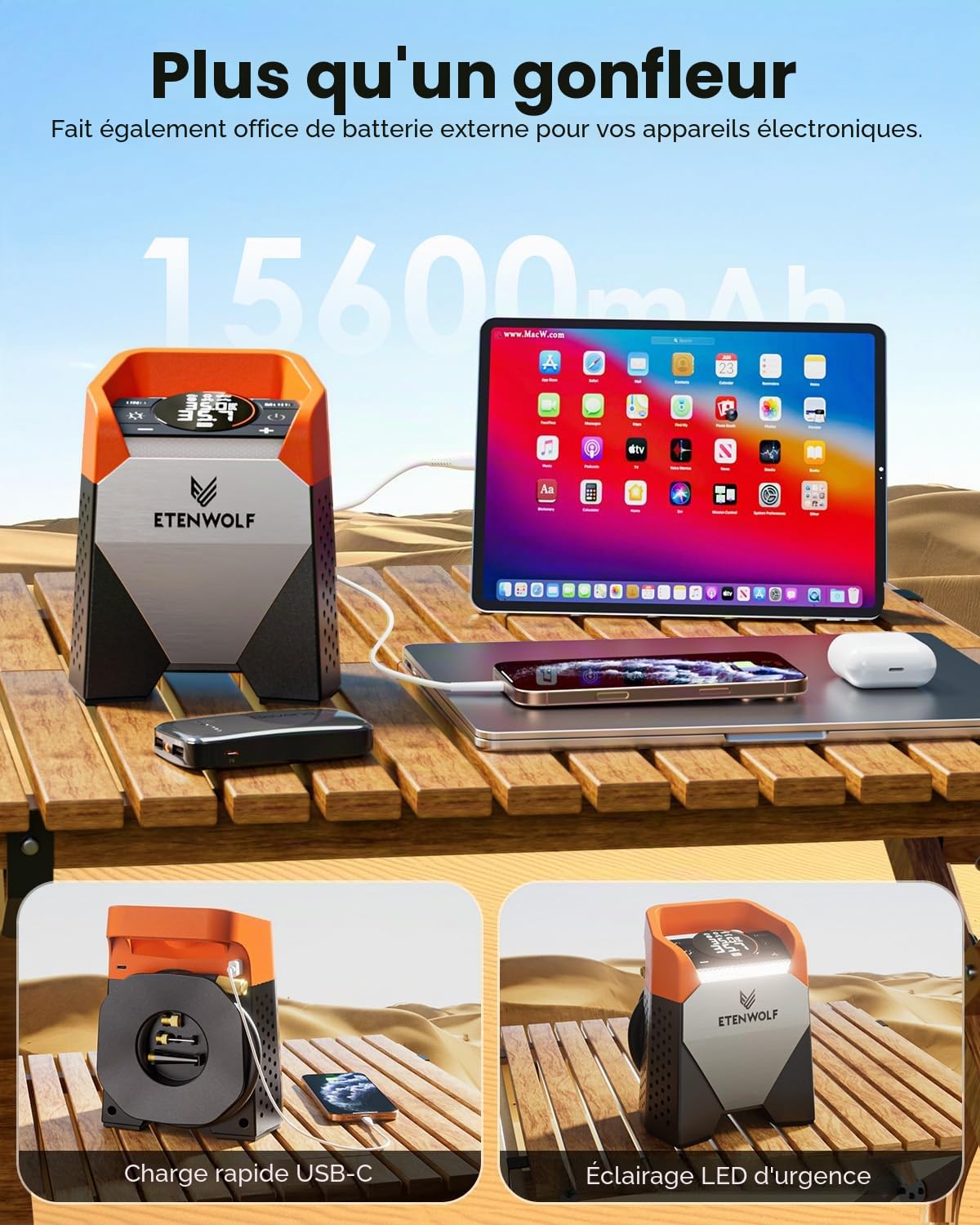 ETENWOLF Zephyr S5 Gonfleur de pneu portable robuste 160 PSI et 15600 mAh Pompe à air sans fil avec lumière LED pour pneus de voiture, vélo, moto, balles, micros (orange vif)
