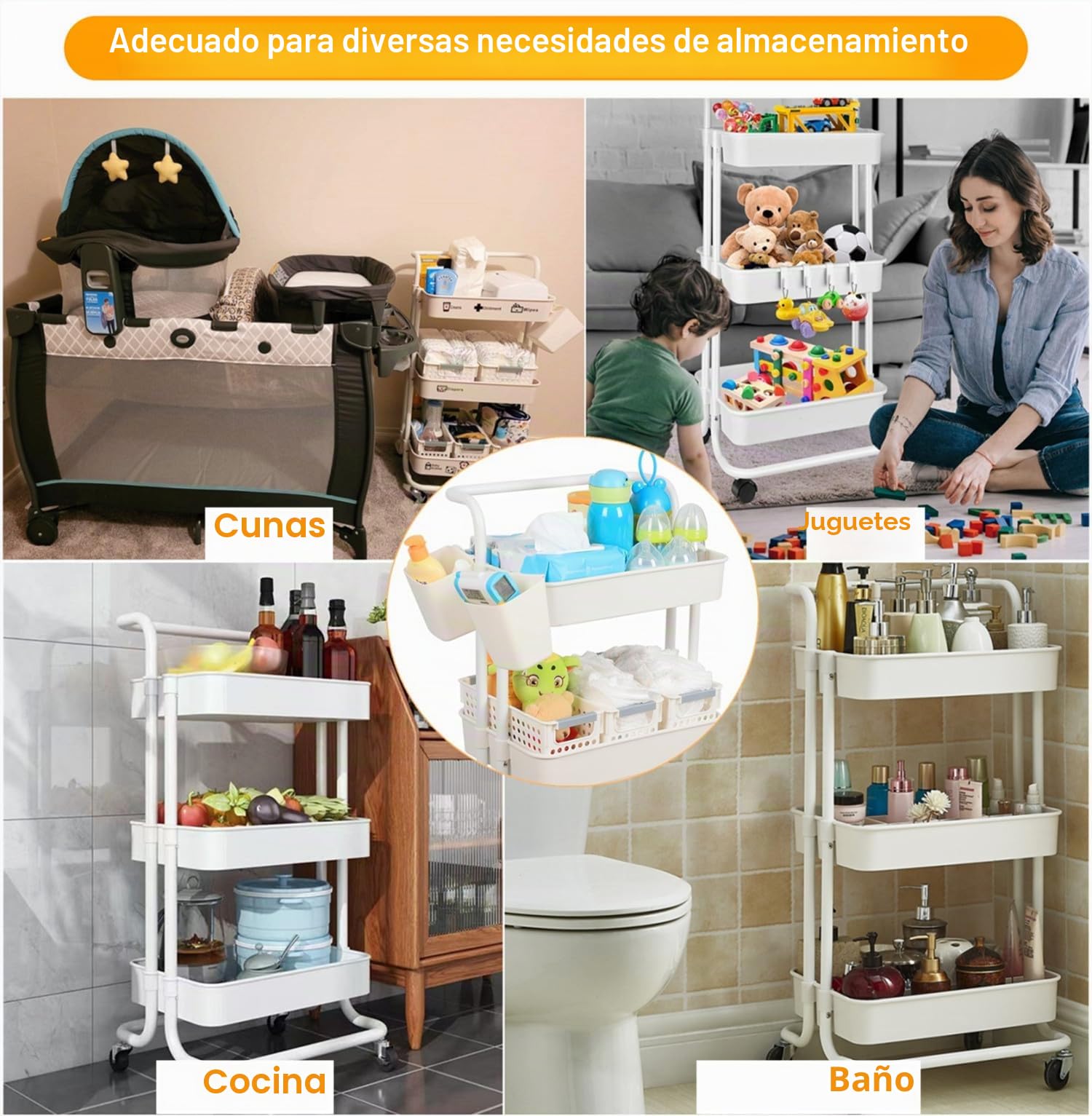 Carrito Organizador de Pañales para Bebés Multifunción, Carrito de Almacenamiento de 3 Niveles Guardería para Bebés Recién Nacidos, para Cambiador y Cuna, Fácil de Montar