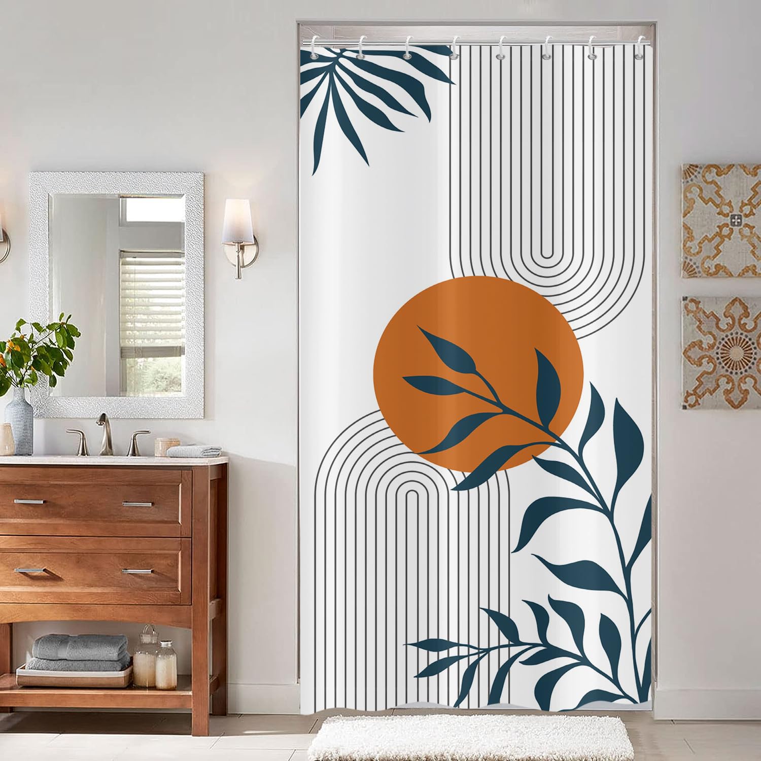 ASDCXZ Shower Curtain 120x180 cm Boho Style, Modern Abstract Art Sun Leaves Lines White Bath Washable Shower Curtains Polyester Textile Waterproof Shower Curtain for Bathtub with 8 Hooks — image 1