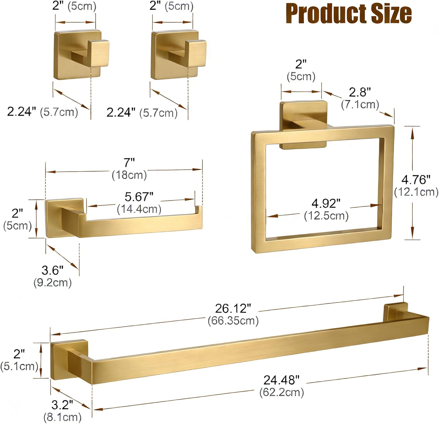 5-Pieces Brushed Gold Bathroom Hardware Set, SUS 304 Stainless Steel 24.48 Inch Square Towel Bar Set with Towel Ring Robe Towel Hooks and Paper Towel Holder for Bathroom Wall Mounted