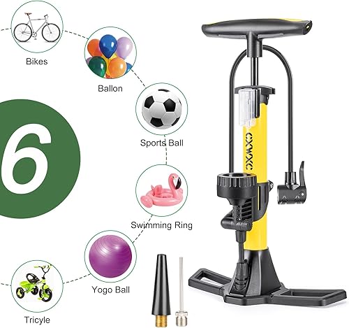 Miniatura 5 de Bomba de bicicleta con manómetro - Bomba de piso de bicicleta de 160 PSI se adapta a válvulas Presta y Schrader - Bomba de bicicleta con inflador de