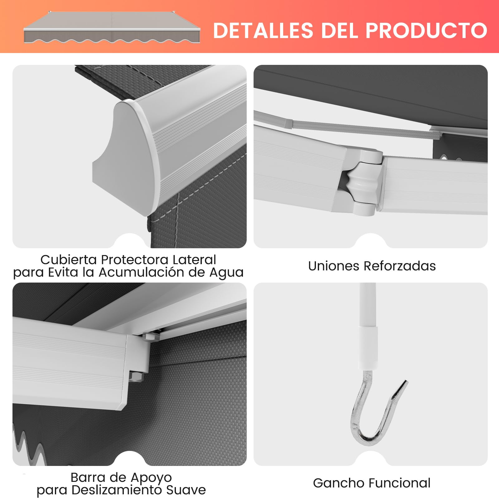 RELAX4LIFE Toldo Exterior Terraza de Marco Aluminio 2,5x2m (Gris) | con Manivela y Ángulo Ajustable 40-100°, Toldo Retráctil con Brazo Articulado, Protección Solar y de Agua para Balcón