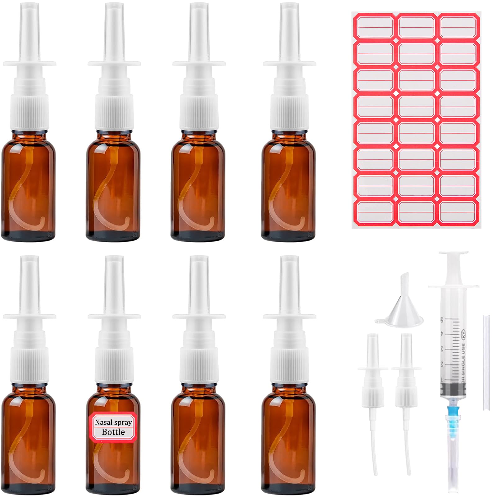 XUSSMMPack of 8 Nose Spray Bottles, 20 ml Brown Glass Nose Spray Bottle, Empty, Refillable Empty Nose Sprayer with Pipette, Fine Spray, Funnel and Empty Labels for Perfumes, Essential Oils