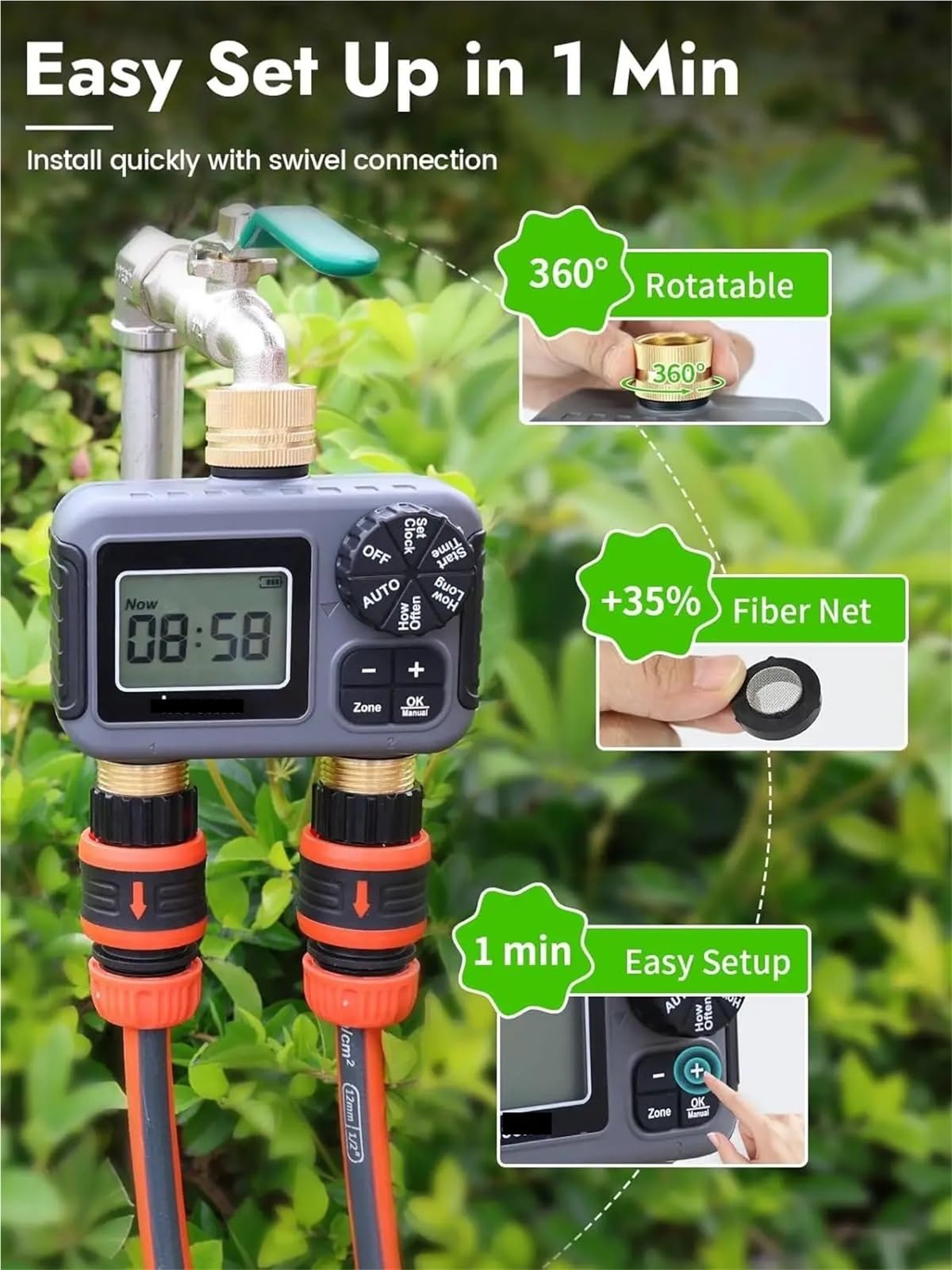 Di irrigazione intelligente con doppia uscita, timer automatico for l'irrigazione, rubinetto, programmatore for tubo flessibile for giardino e esterni