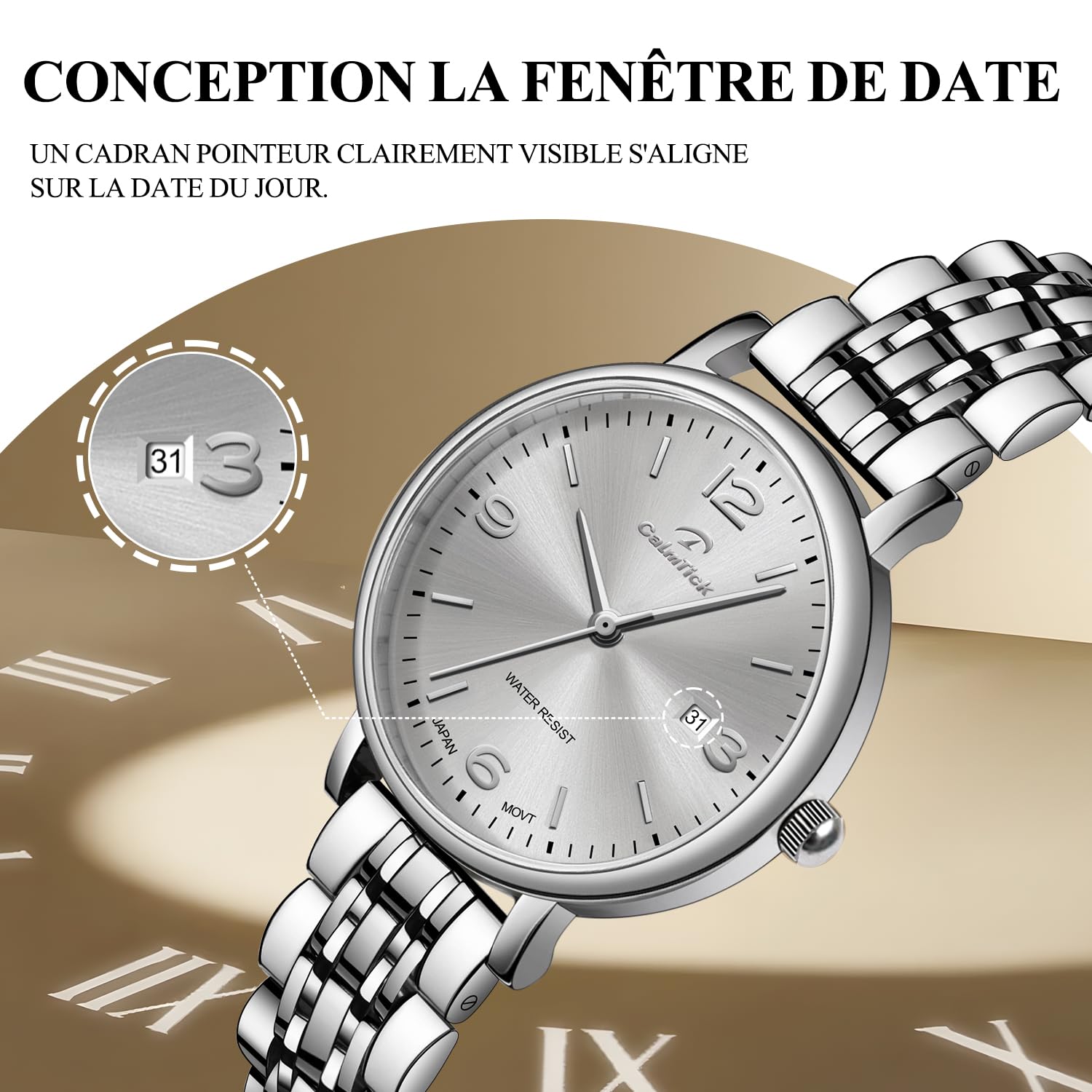AVTREK Classic Business Reloj Mujer | Correa de acero inoxidable y piel auténtica | 3ATM resistente al agua | VJ12 Japonés Movimiento, Reloj Mujer Barato Calendario, Adecuado para todas las ocasiones