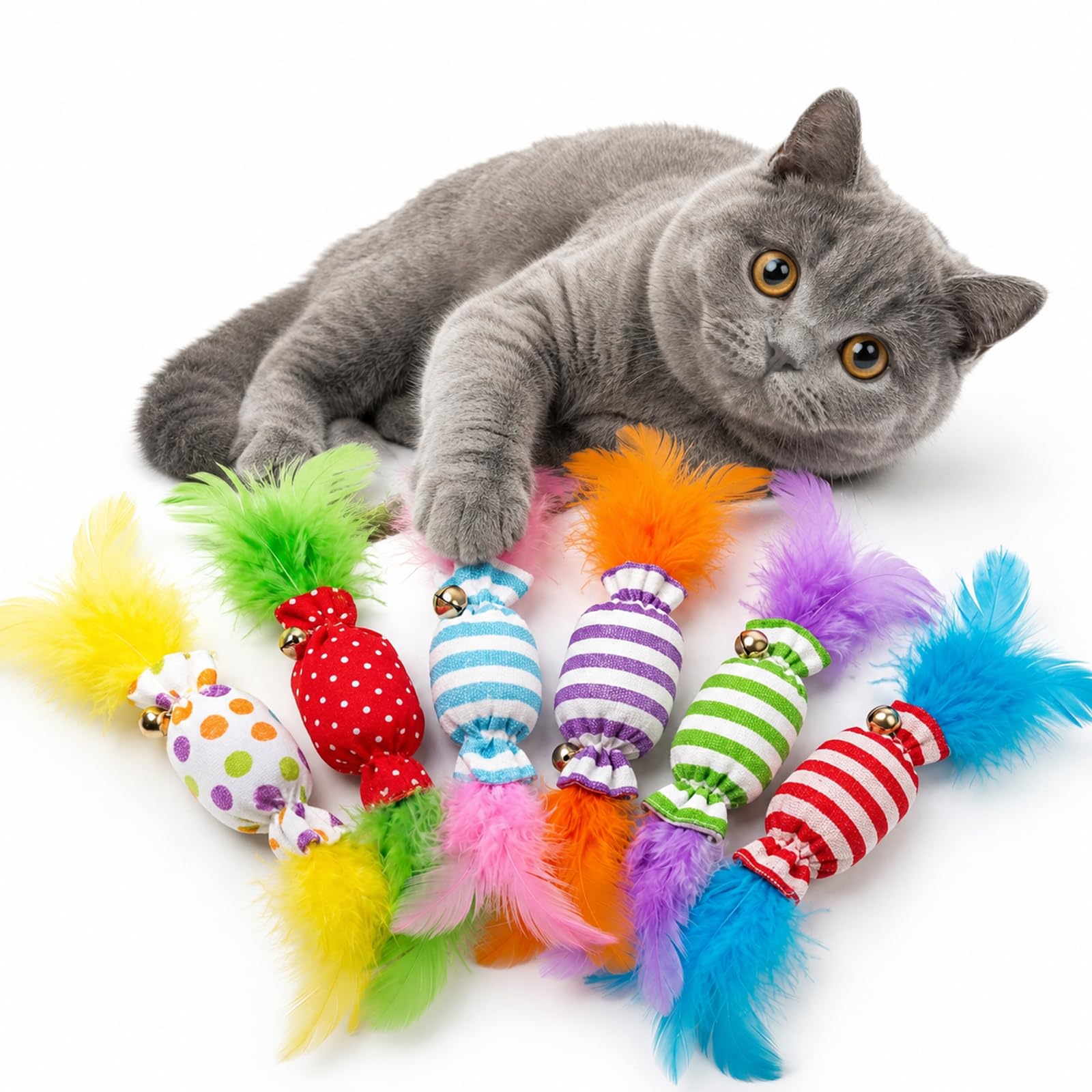 SEGXN 6 Pack Candy Cat Toys for Indoor Cats - Cute Candy-Shaped Catnip Toys with Crinkle Paper, Bells & Feathers, Soft Kitten Teething Kicker Toys for Chewing, Chasing & Pouncing
