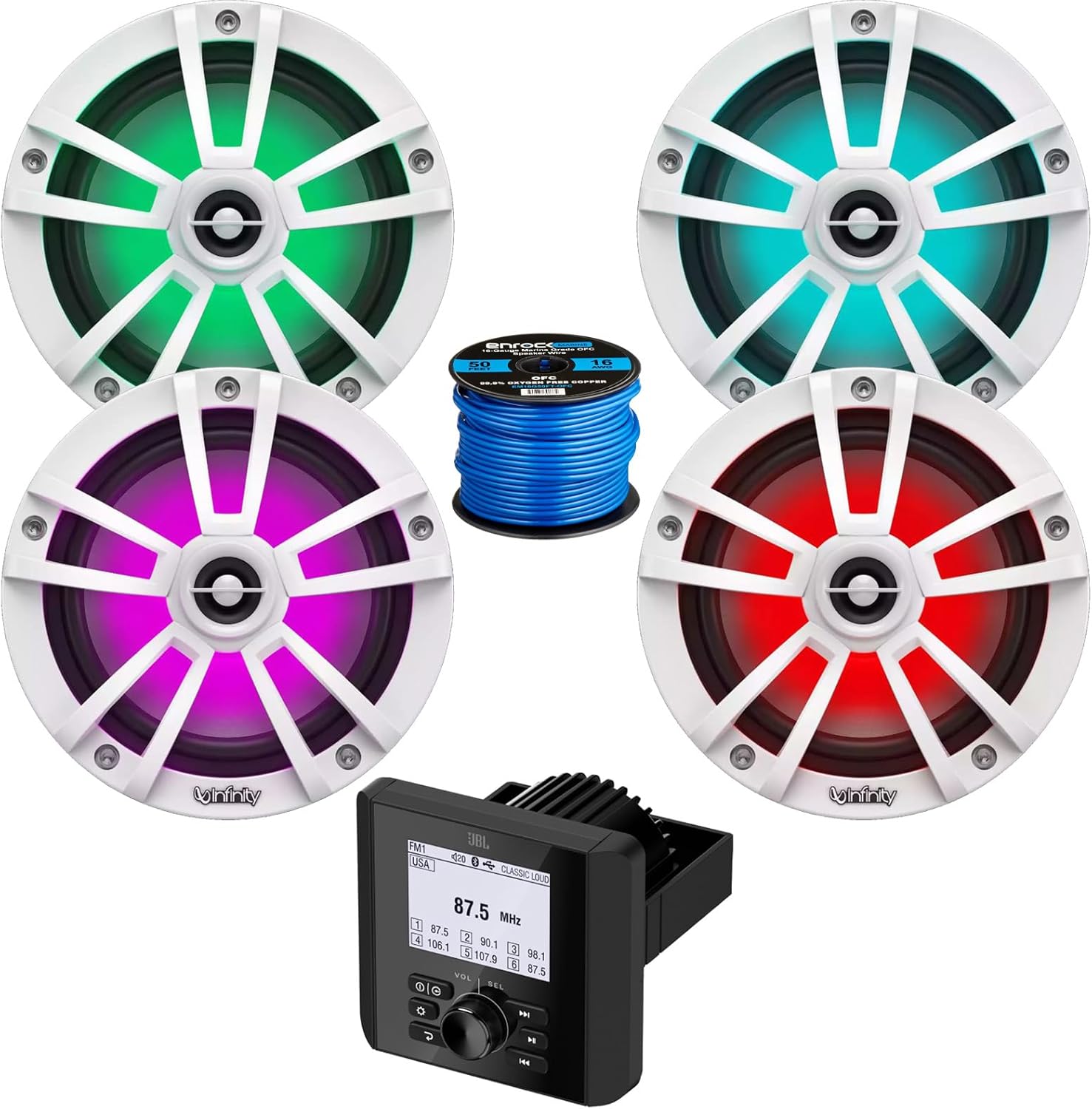 Bluetooth AM/FM Radio IP66 Multi-Element Digital Media Marine Audio Receiver Bundle Combo with 2 Pair (Qty 4) of 6.5" 225 Watt Waterproof Coaxial RGB LED White Boat Speakers, Speaker Wire