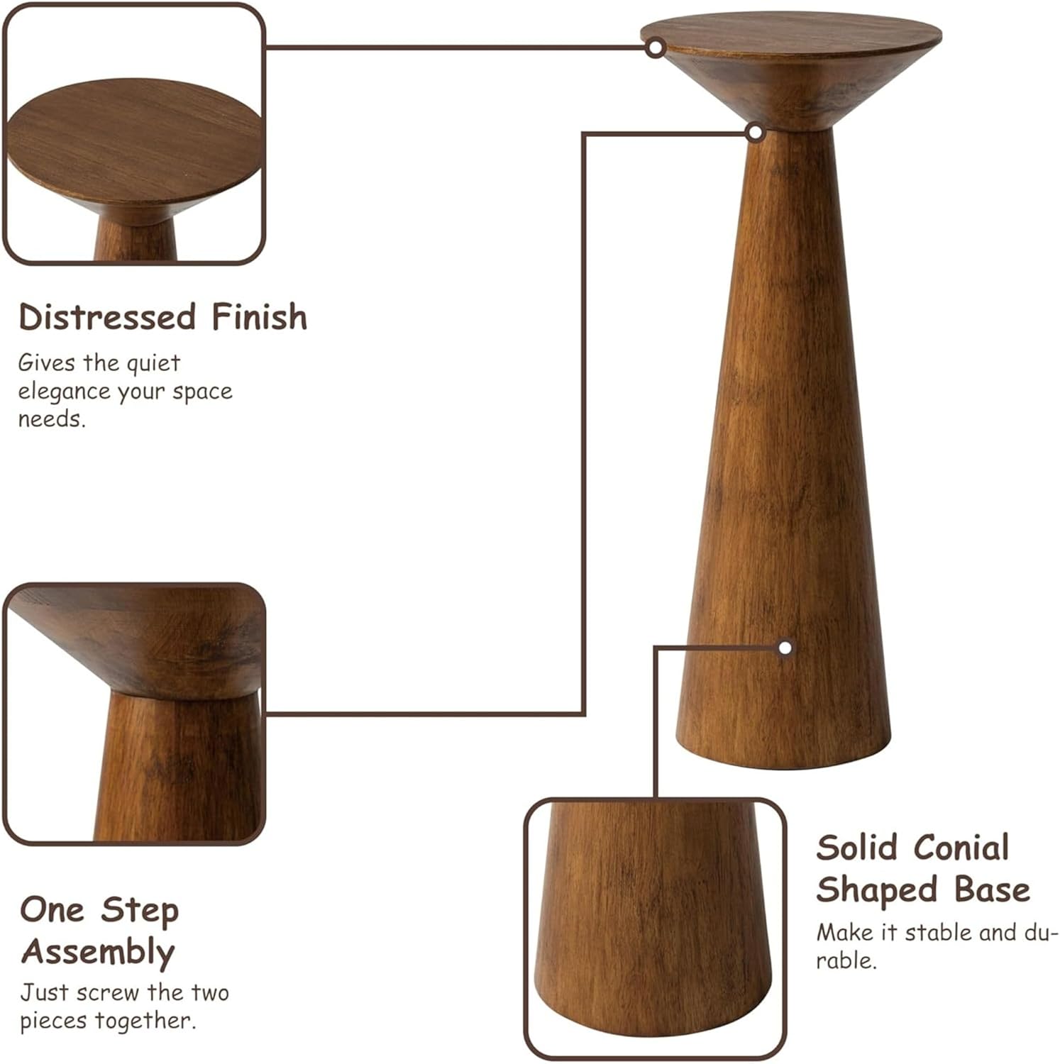 COZAYH 22.8” Tall Round Martini End Table, Walnut – Solid Pine Wood Pedestal Accent Drink Stand with Tapered Base – Farmhouse Modern Furniture for Living Room, Bedroom & Small Spaces