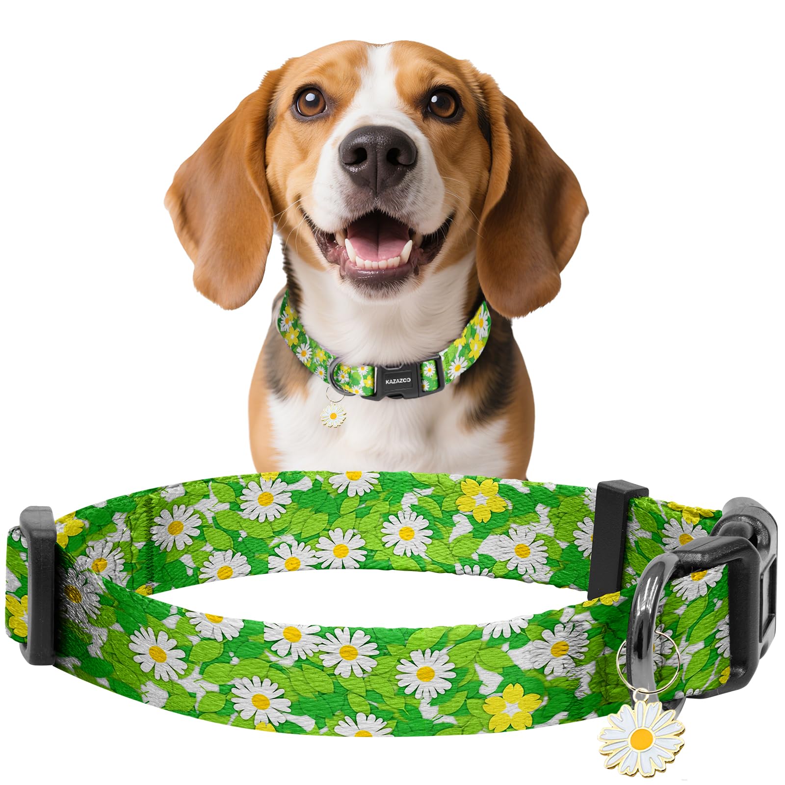 Kazazoo Dog Collar Cute and Soft Nylon Puppy Collar for Boy and Girl Dogs, Adjustable Dog Collars for Medium Dogs, Green Daisy-M