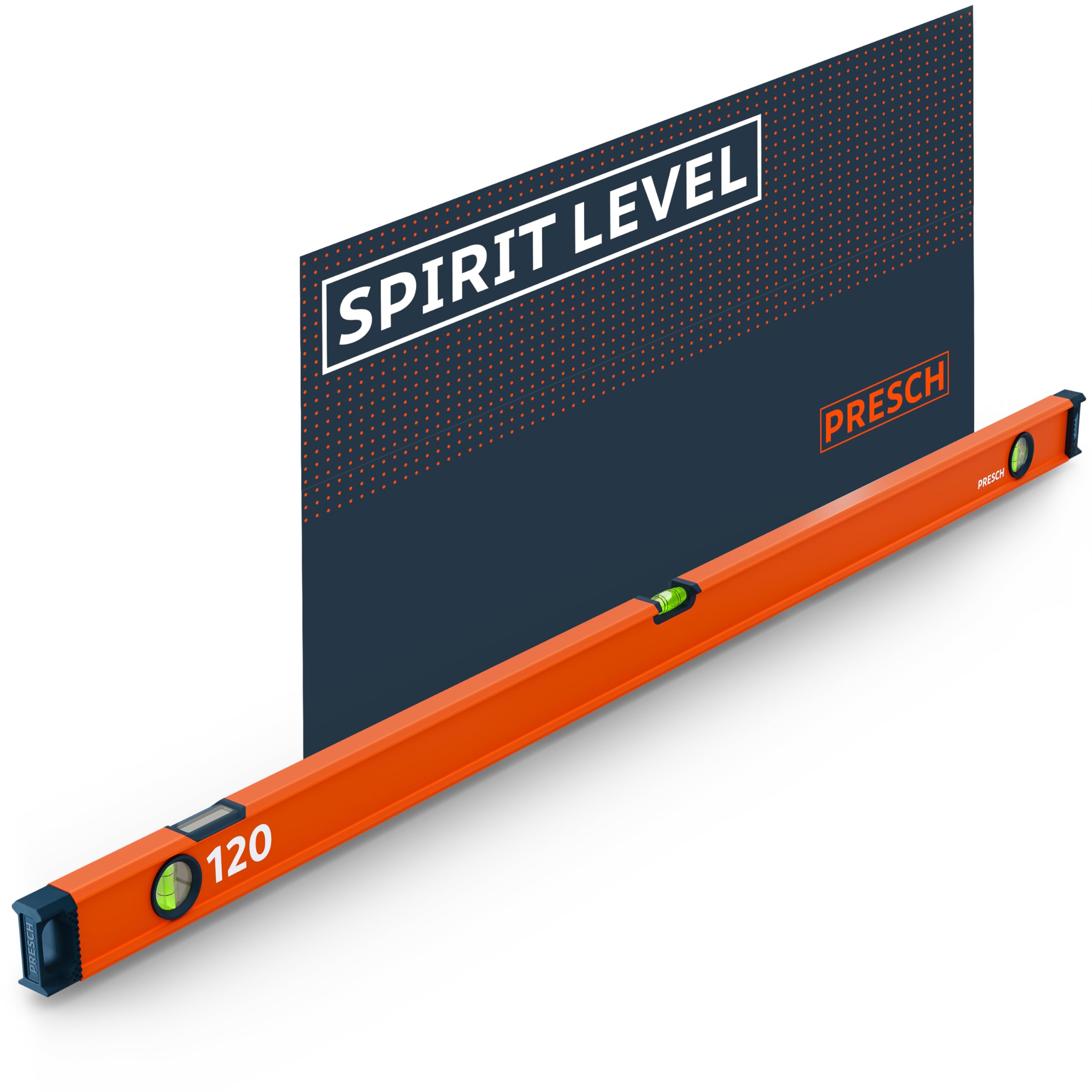 Presch Spirit Level 120cm, Shatterproof Vial with 2% Gradient, Vertical Viewing Window, Innovative Anti-Slip end caps