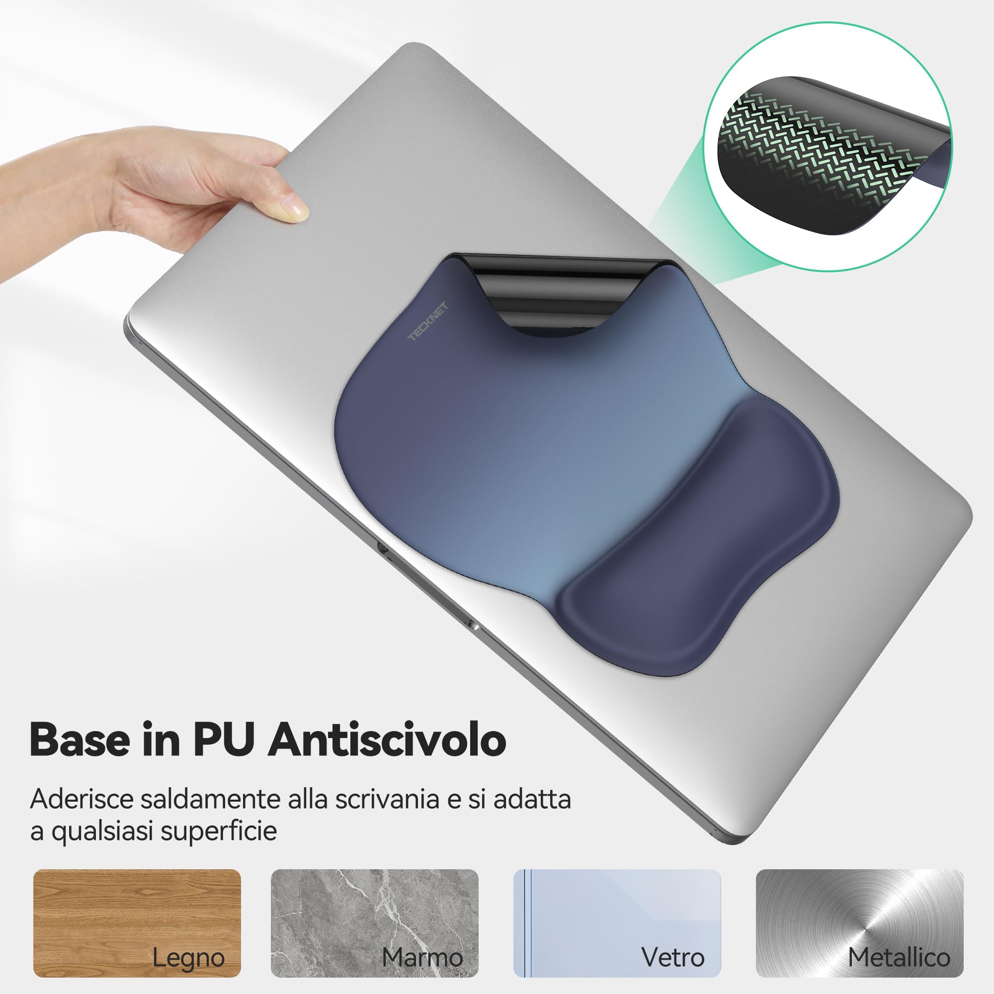 TECKNET Tappetino Mouse, Tappetino Mouse Ergonomico per Alleviare il Dolore al Polso, Tessuto Impermeabile, Base in PU Antiscivolo, Tappetino Mouse Poggiapolsi per Ufficio/Casa (Gradiente Blu)