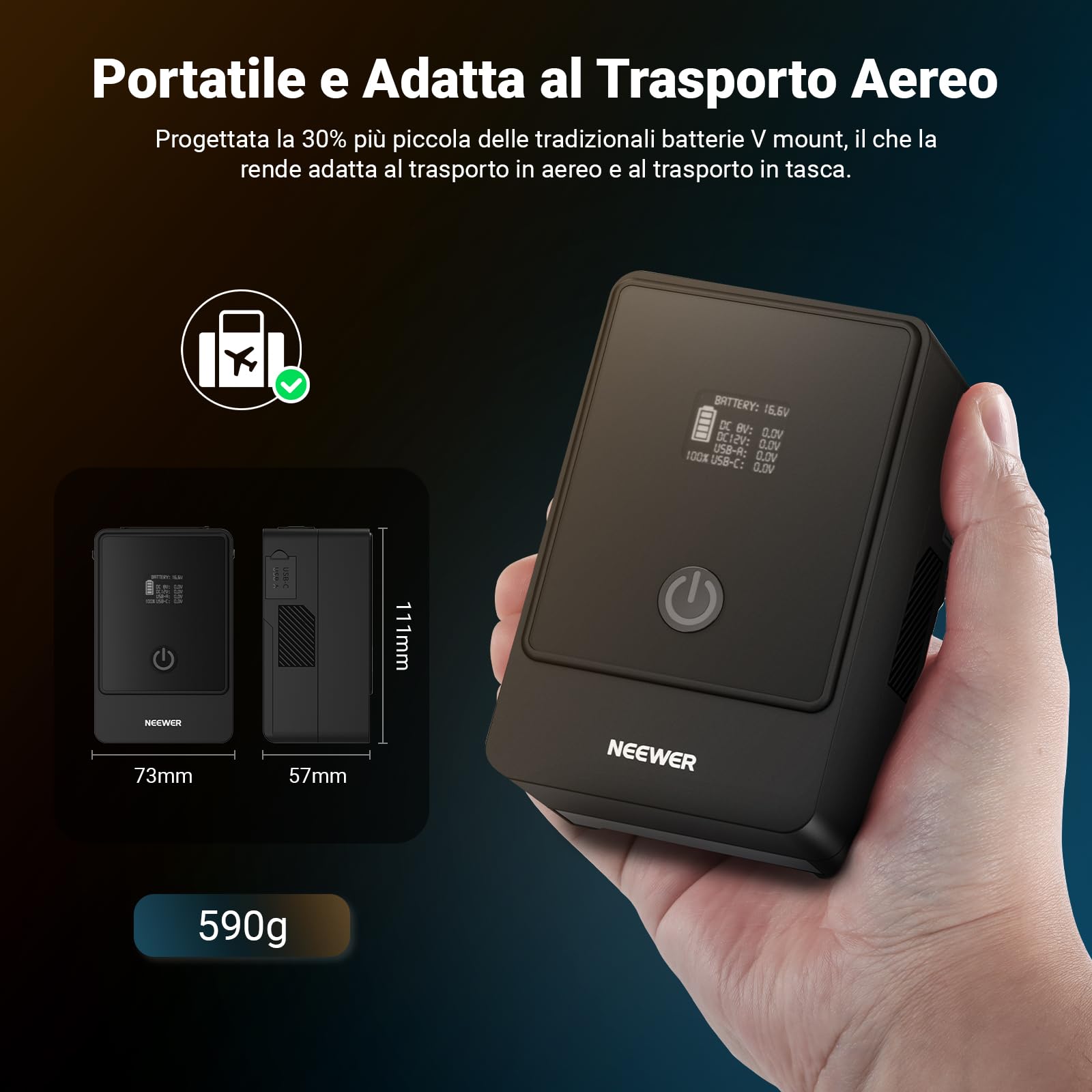 NEEWER Mini Batteria V Mount 6800mAh 99Wh 14,5V, Batteria Mini V Lock con 65W PD Tipo C/D Tap/BP/USB A/Doppia Porta DC/Display OLED per Videocamera Compatibile con SmallRig BMPCC 4k 6k, PS099E