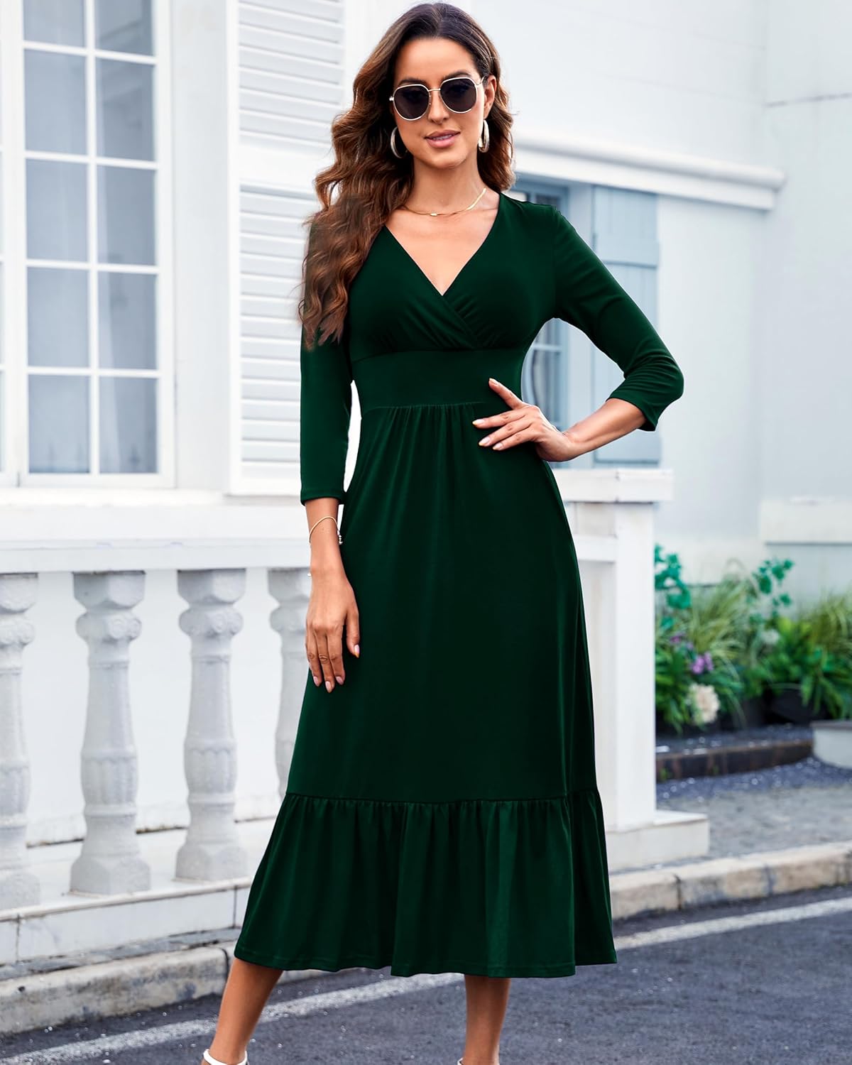 Womens Summer V Neck Dress Empire Waist Maxi Wedding Guest Cocktail Dresses Ruffle Hem A-Line Flowy Long Formal Outfits - Image 3