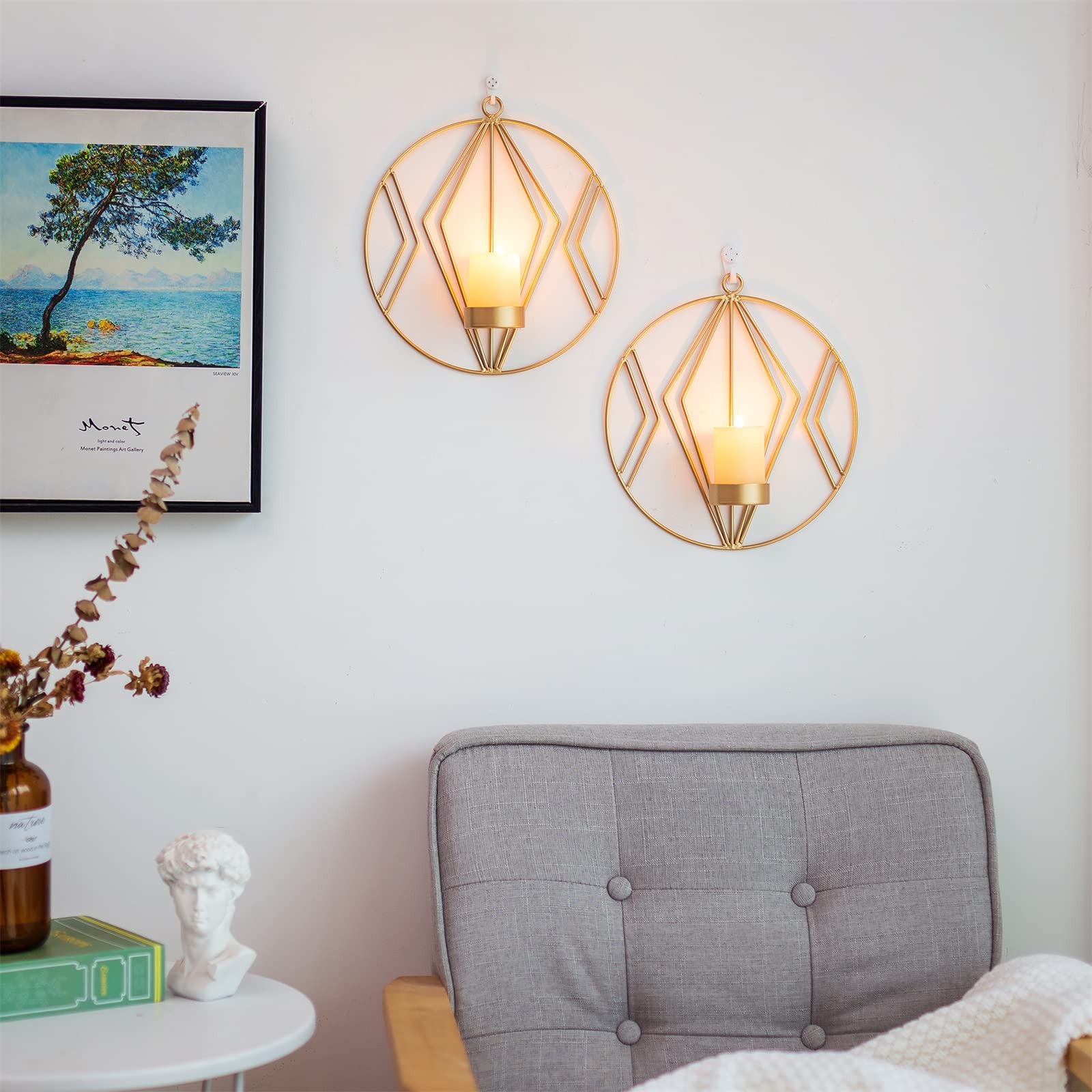 Sziqiqi Schmiedeeiserne Wanddekoration, Stereometrischer Kerzenleuchter, Beleuchtung Dekoration für Wohnzimmer/Esszimmer/Bar, Gold