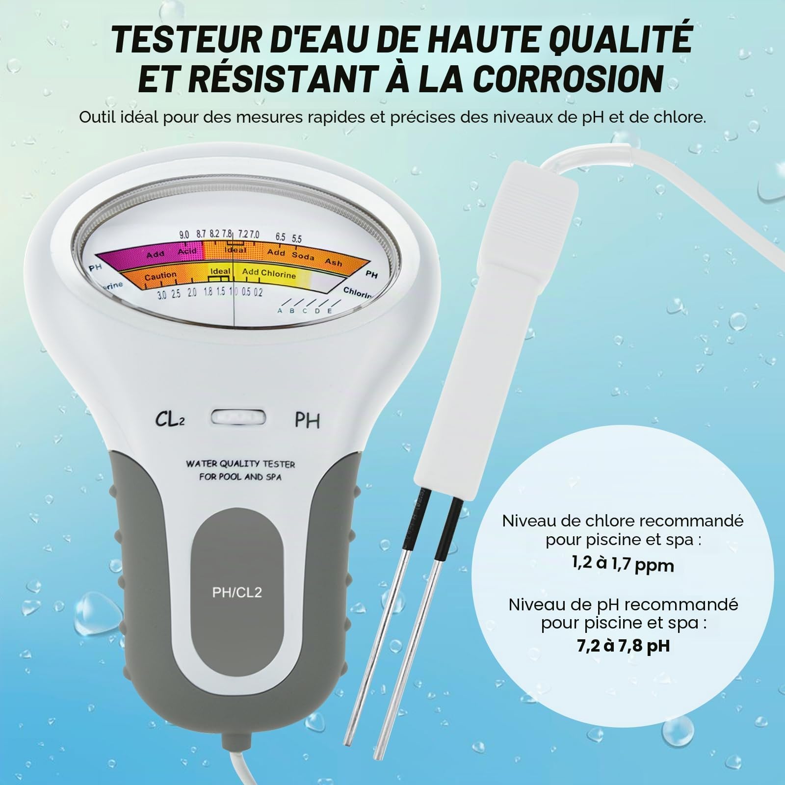 Portable Eau Qualité Analyse Chlore & PH Mètre Nager Bassin Testeur Surveillance Analyseur