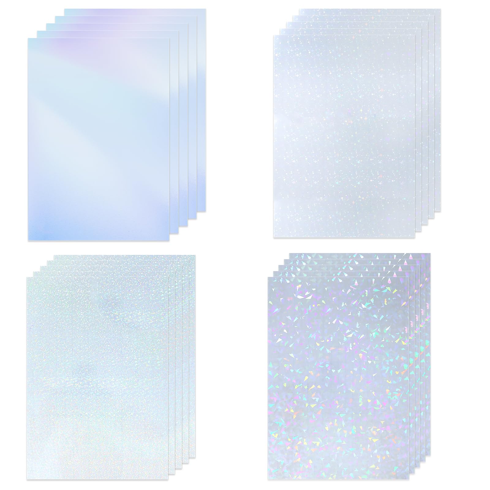 Holographic Sticker Paper, 20 Sheets A4 Size Clear Glitter Vinyl Self-Adhesive Holographic Overlay Laminate Sheets 11.61×8.26 Inch Transparent Laminate Film Stickers for DIY Crafts, 4 Patterns