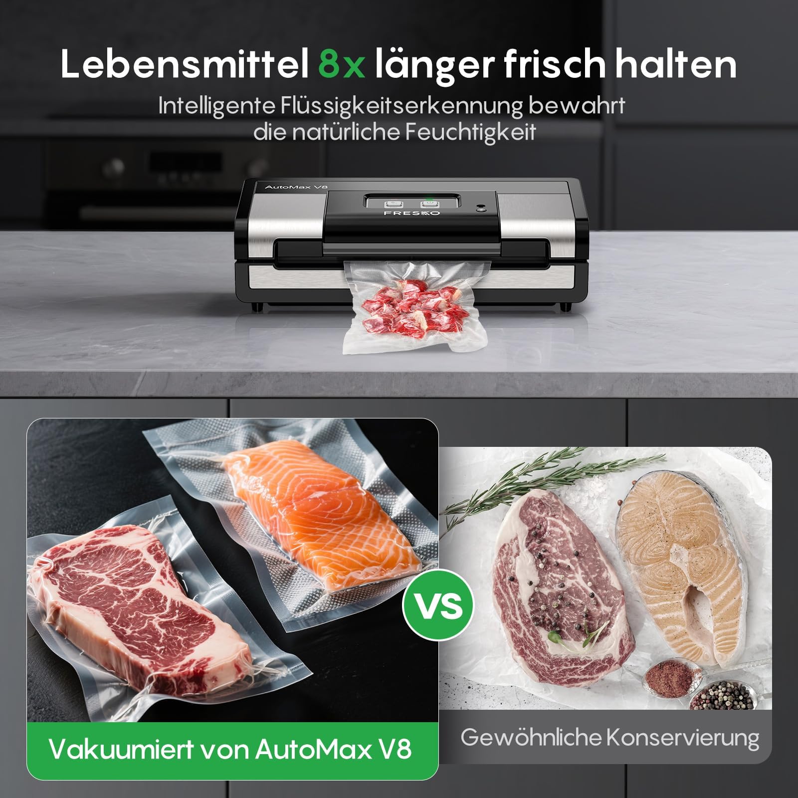 FRESKO Vakuumiergerät Automatik 18L/min Turbo-Saugkraft 1-Knopf-Bedienung inkl. 2 Beutelrollen