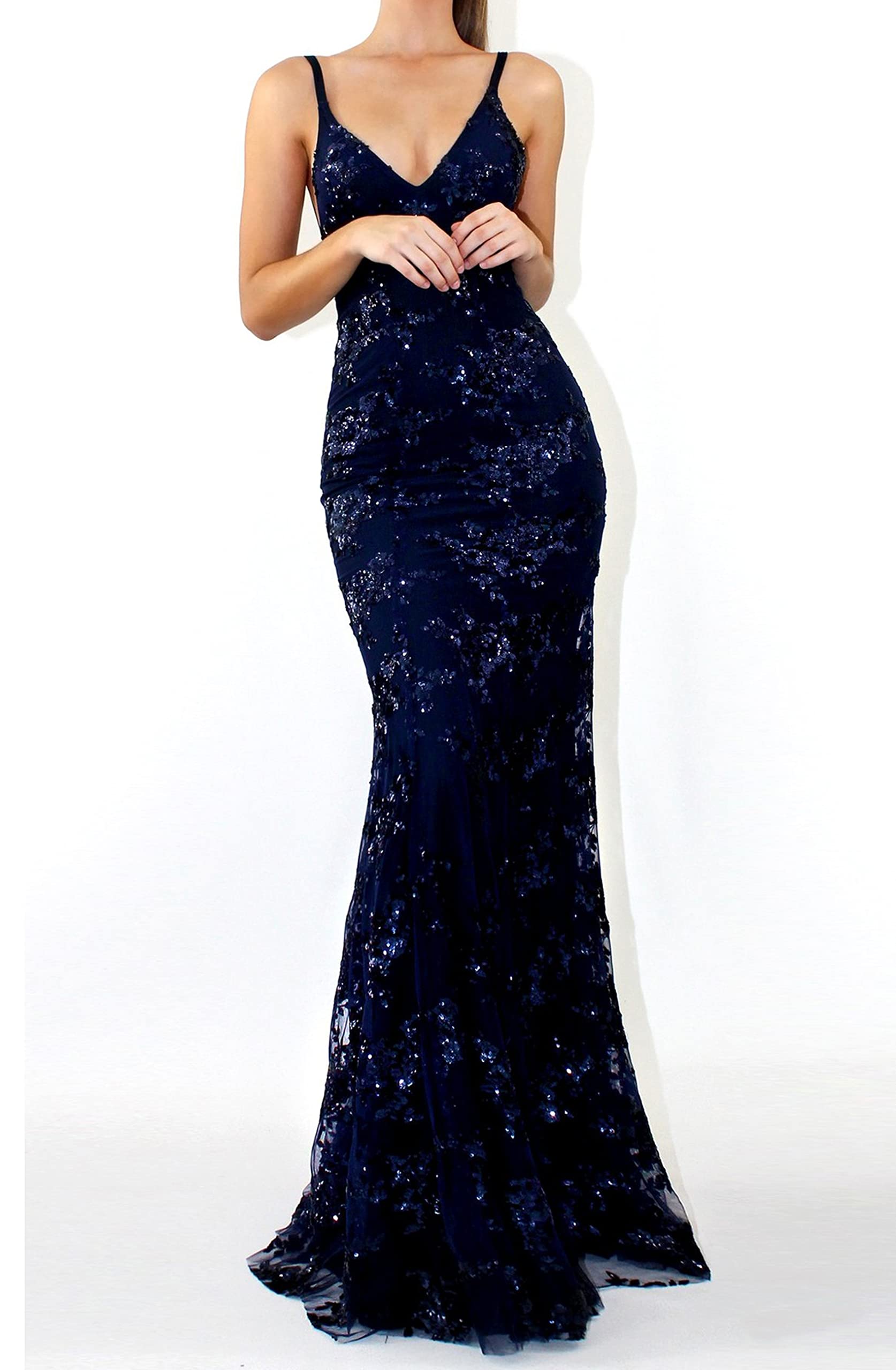 NLAVW Damen-Abendkleid, rosa, sexy, tiefer V-Ausschnitt, figurbetont, Mesh-Schlitz, Pailletten, Party, Abschlussball, formelle Kleider, reife Kleider
