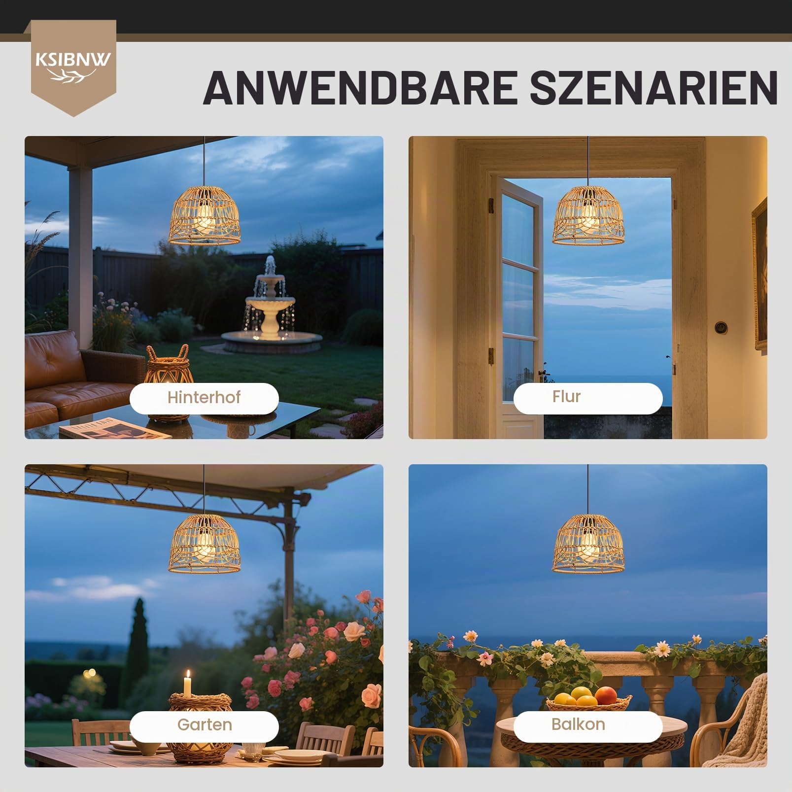 KSIBNW Solarlampen für Außen Garten, Outdoor Rattan Solar Hängelampe mit Fernbedienung Wasserdichte IP65 Pendelleuchte Solarbetriebene Lampe mit Solarpanel und 5M Kabel für Balkon Terrassen Patio